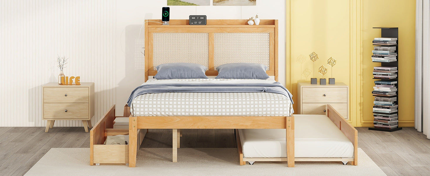 Full Size Elegant Bed Frame With Rattan Headboard And Sockets ,Natural Full Natural Rattan