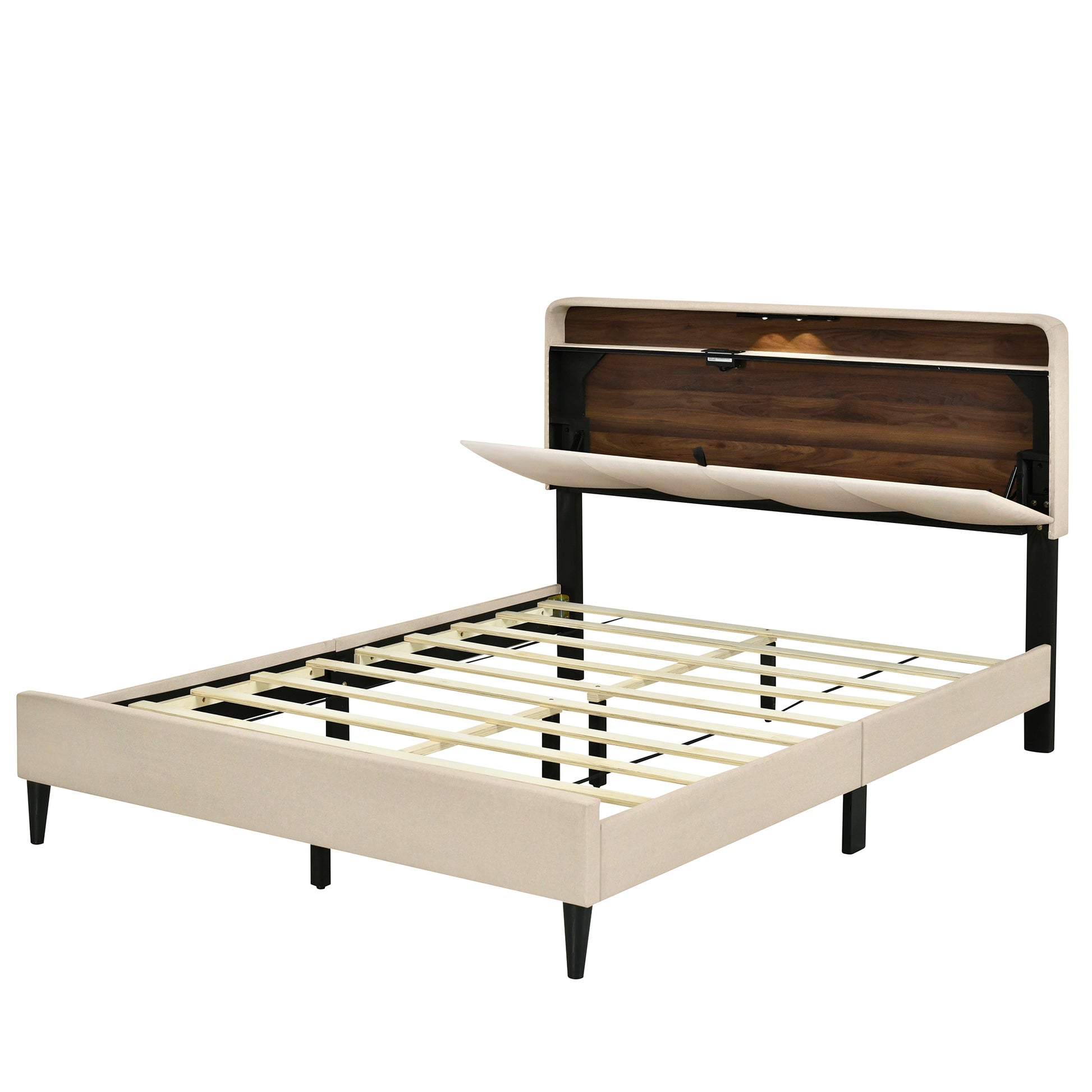 Queen Size Upholstered Platform Bed With Storage Headboard, Sensor Light And A Set Of Sockets And Usb Ports, Linen Fabric, Beige Beige Linen