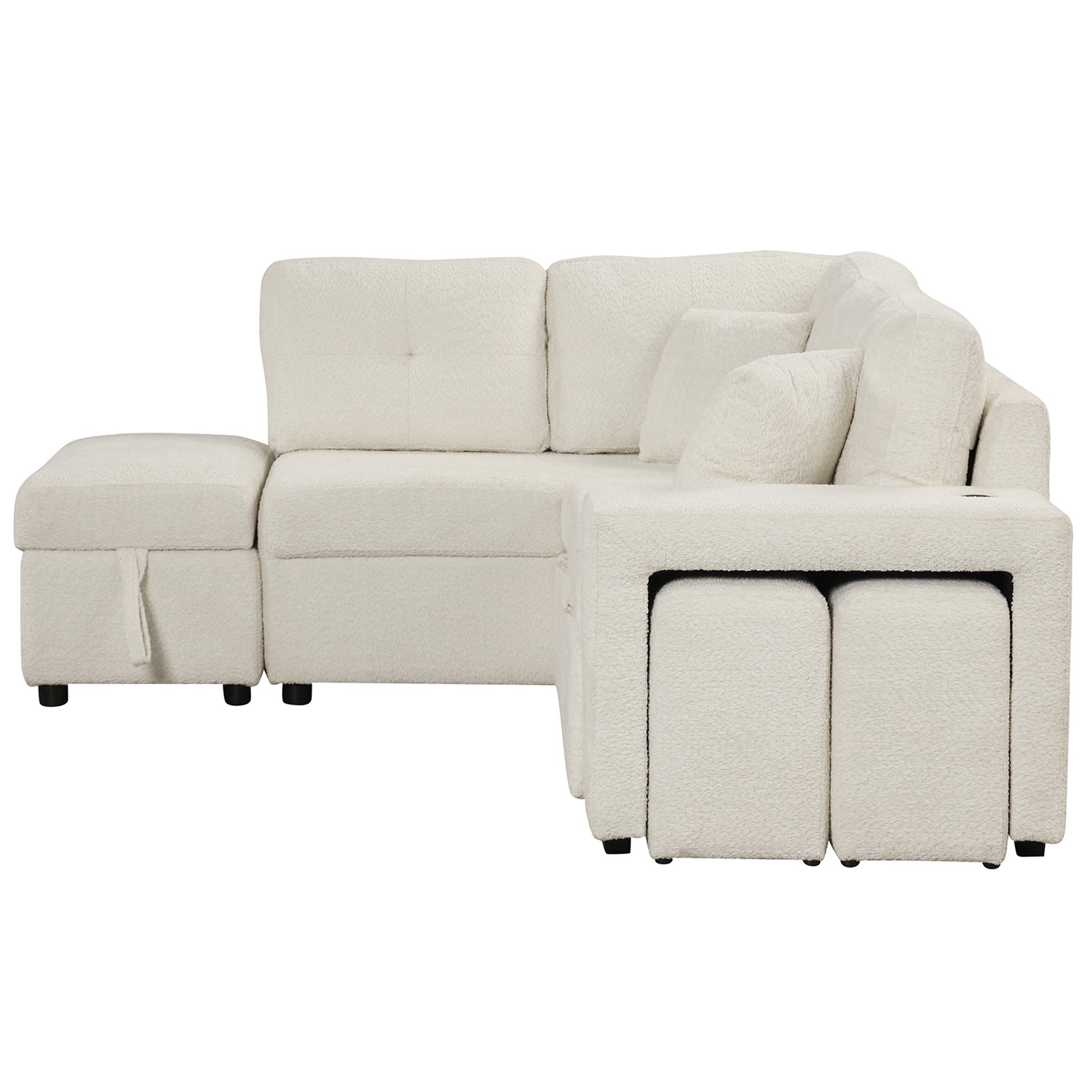 87.7" Convertible Sleeper, Sectional Pull Out Sofa Bed With Storage Ottoman, 2 Throw Pillows, 2 Stools, Wireless Charger And Two Hidden Usb Ports For Living Room, Cream Cream Chenille 4 Seat