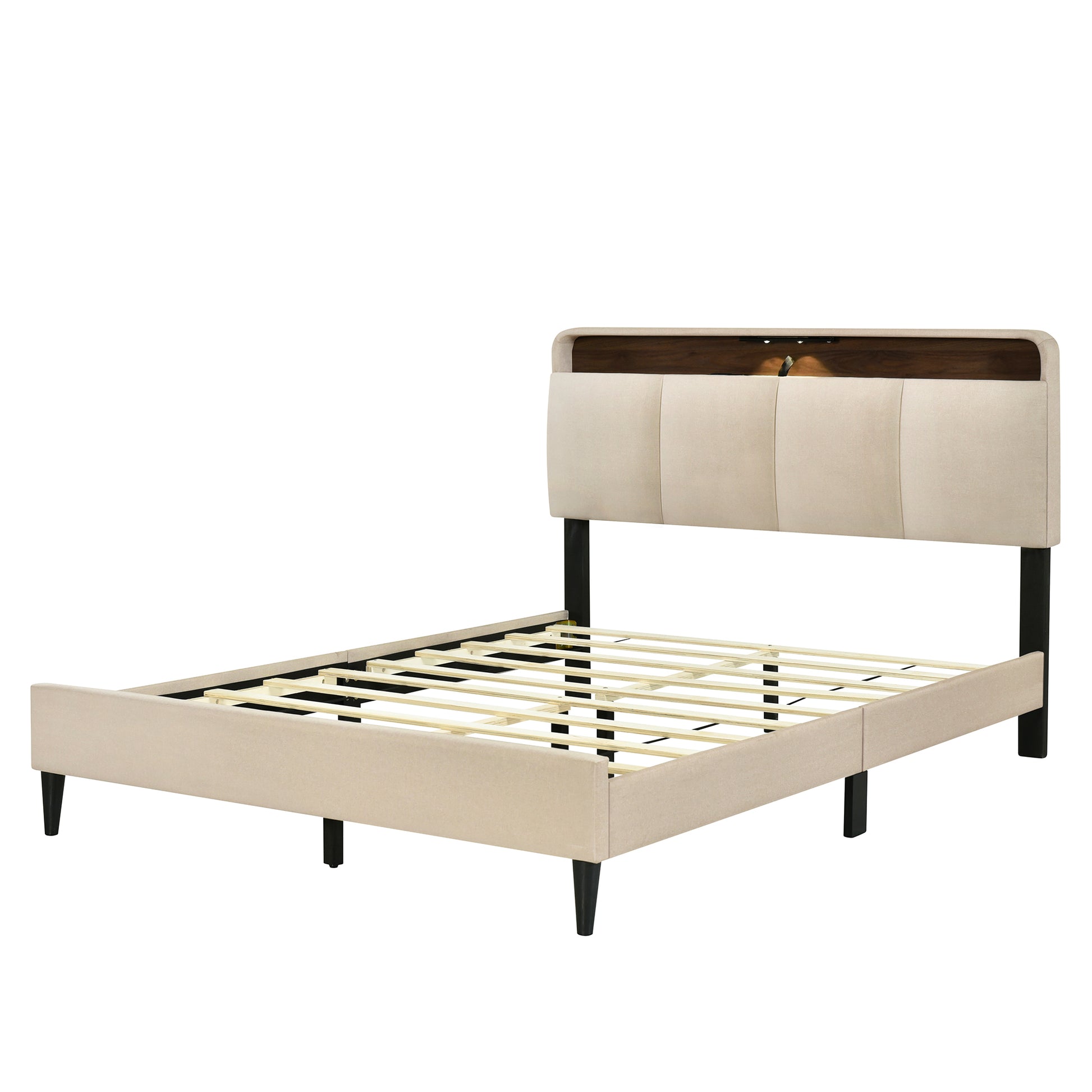 Queen Size Upholstered Platform Bed With Storage Headboard, Sensor Light And A Set Of Sockets And Usb Ports, Linen Fabric, Beige Beige Linen
