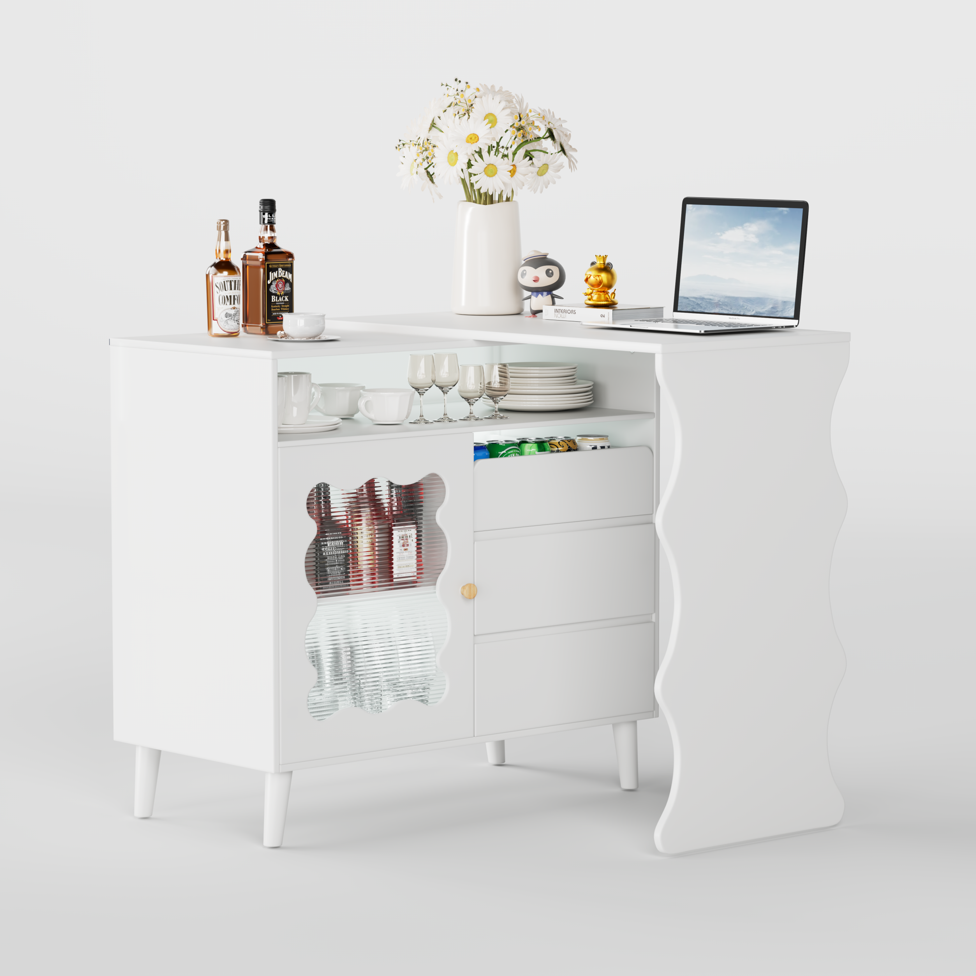 41" 79" L Shaped Table Desk Cabinet With Drawers, Led Lights White Dining Room Modern Mdf