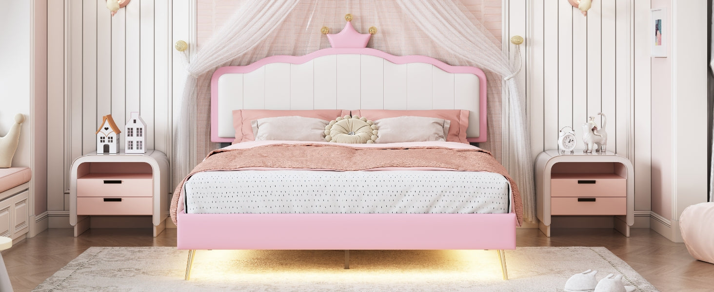 Full Size Upholstered Princess Bed With Crown Headboard,Full Size Platform Bed With Headboard And Footboard With Light Strips,Golden Metal Legs, White Pink Pink Pu