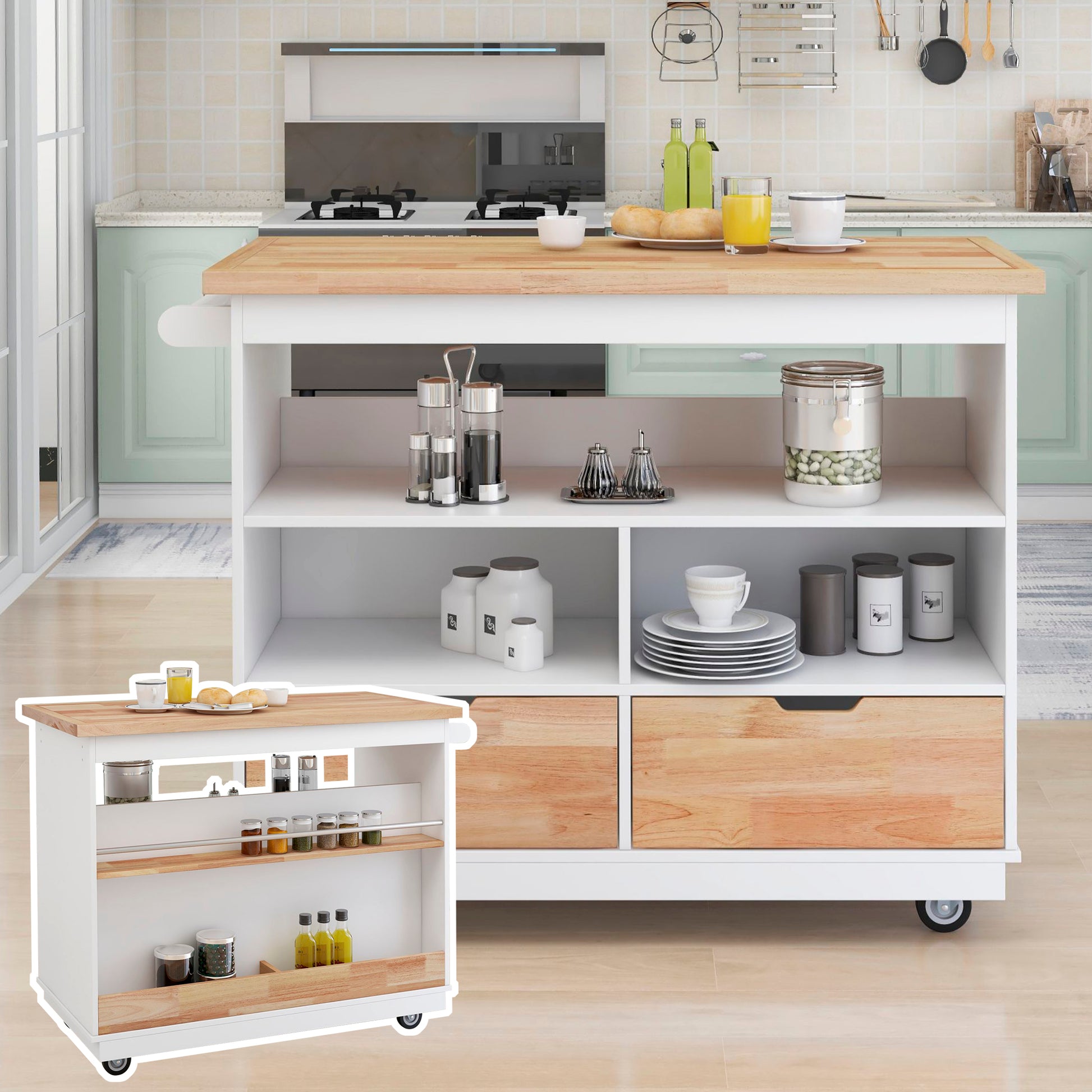 Rolling Kitchen Island With Storage, Two Sided Kitchen Island Cart On Wheels With Rubberwood Top,Wine And Spice Rack, Large Kitchen Cart With 2 Drawers, 3 Open Compartments, White White Kitchen European,Farmhouse,French,Mid Century Modern,Rustic