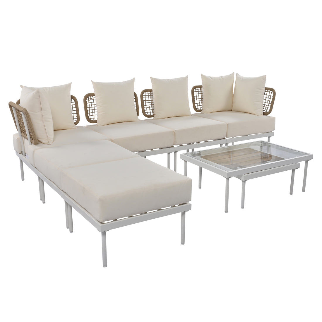 8 Piece Patio Sectional Sofa Set With Tempered Glass Coffee Table And Wooden Coffee Table For Outdoor Oasis, Garden, Patio And Poolside Beige Cushion White Steel Beige Iron