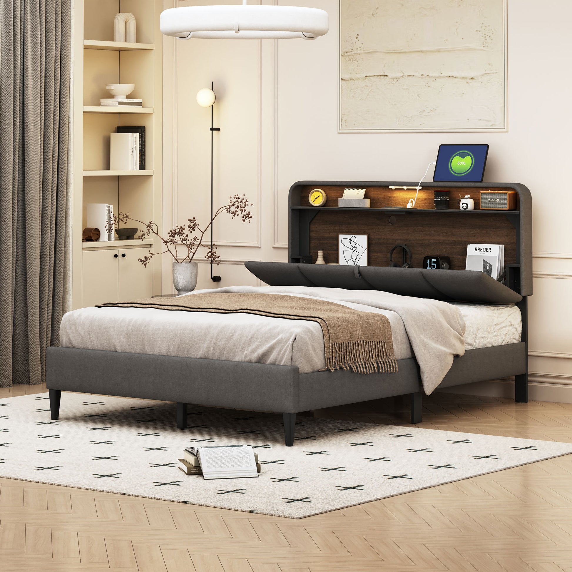 Full Size Upholstered Platform Bed With Storage Headboard, Sensor Light And A Set Of Sockets And Usb Ports, Linen Fabric, Gray Gray Linen