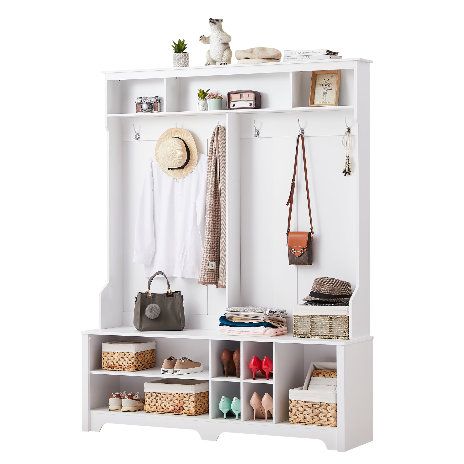 Hall Tree Entryway Bench With Coat Rack, With Shoe Cubbies For Bedroom, White, 59.8'' W X 15.8'' D X 76.8''H. White Particle Board