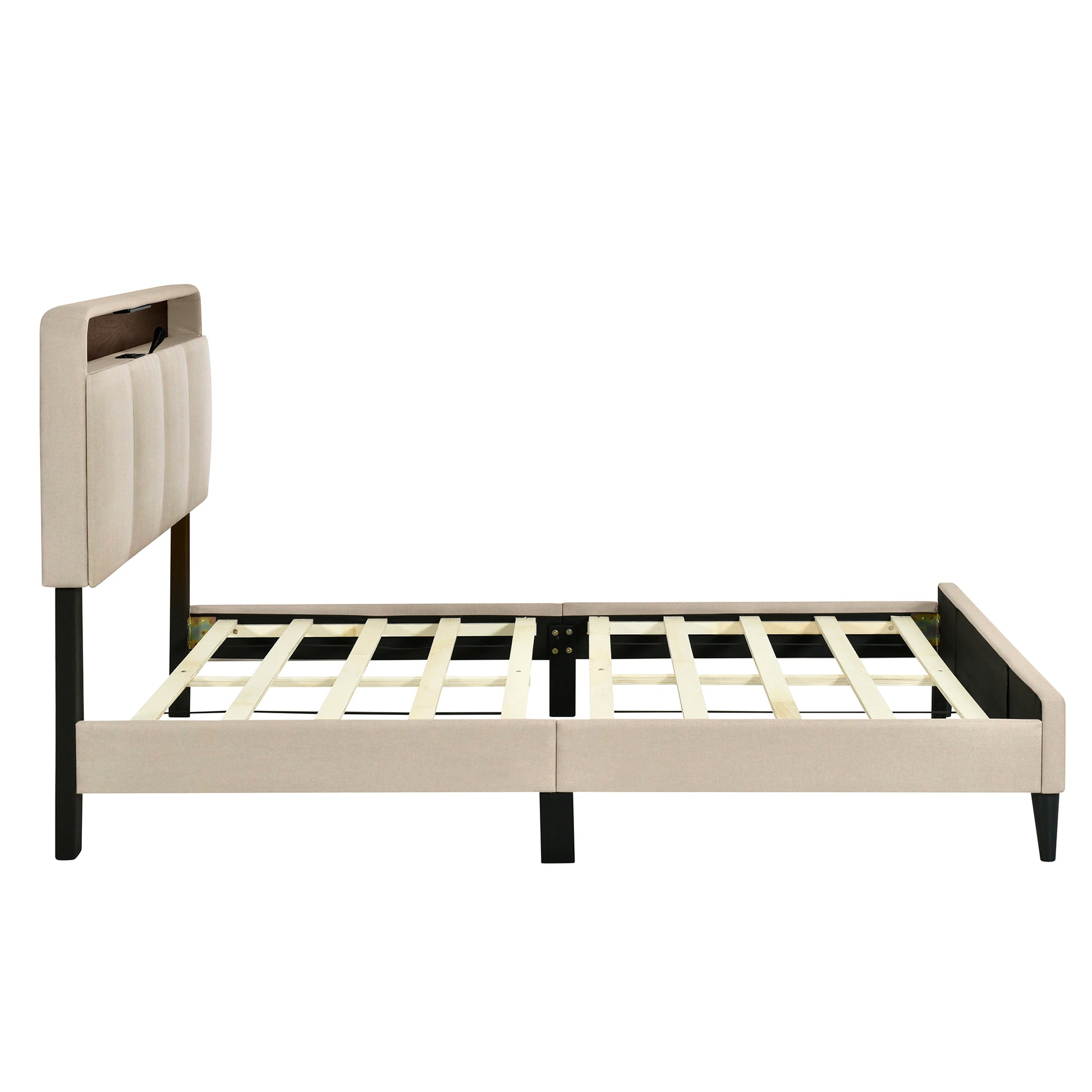 Full Size Upholstered Platform Bed With Storage Headboard, Sensor Light And A Set Of Sockets And Usb Ports, Linen Fabric, Beige Beige Linen