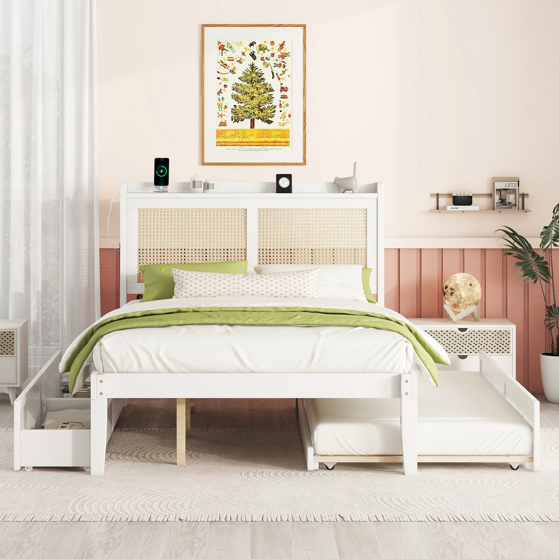 Full Size Elegant Bed Frame With Rattan Headboard And Sockets ,White Full White Rattan