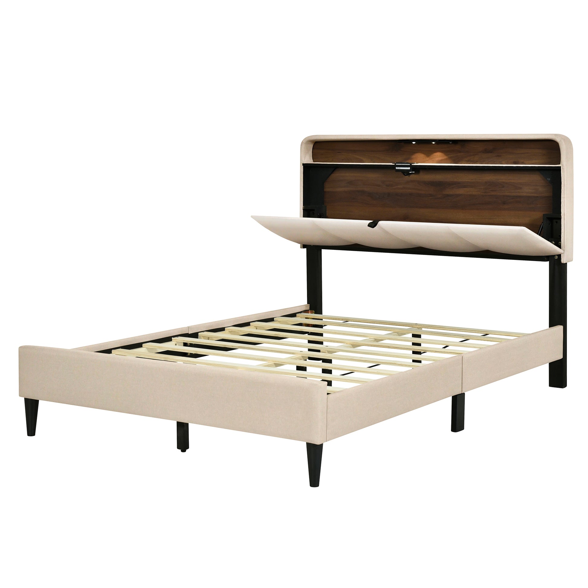 Full Size Upholstered Platform Bed With Storage Headboard, Sensor Light And A Set Of Sockets And Usb Ports, Linen Fabric, Beige Beige Linen