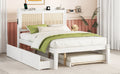 Full Size Elegant Bed Frame With Rattan Headboard And Sockets ,White Full White Rattan