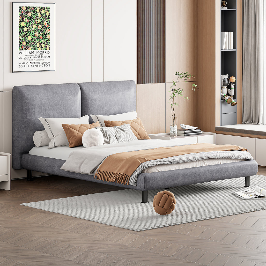 Queen Size Upholstered Platform Bed With Two Large Headrests And Thick Fabric, Polyester, Gray Gray Polyester