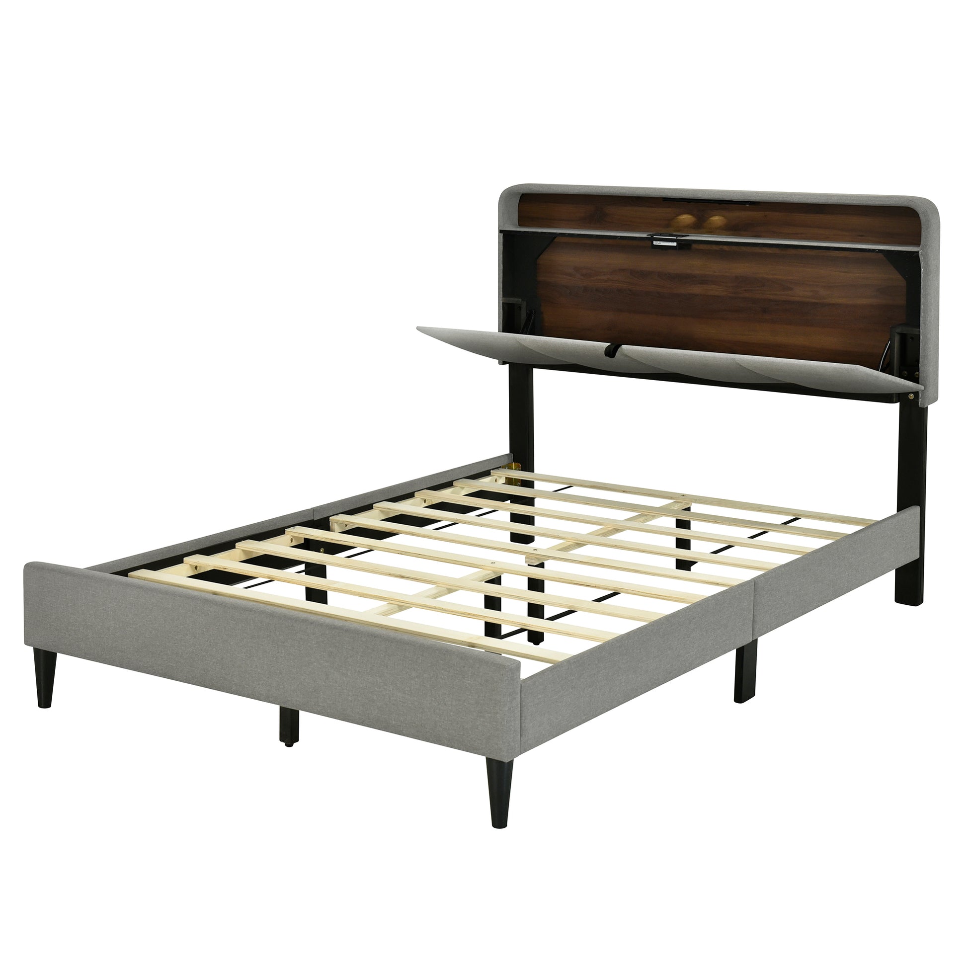 Full Size Upholstered Platform Bed With Storage Headboard, Sensor Light And A Set Of Sockets And Usb Ports, Linen Fabric, Gray Gray Linen