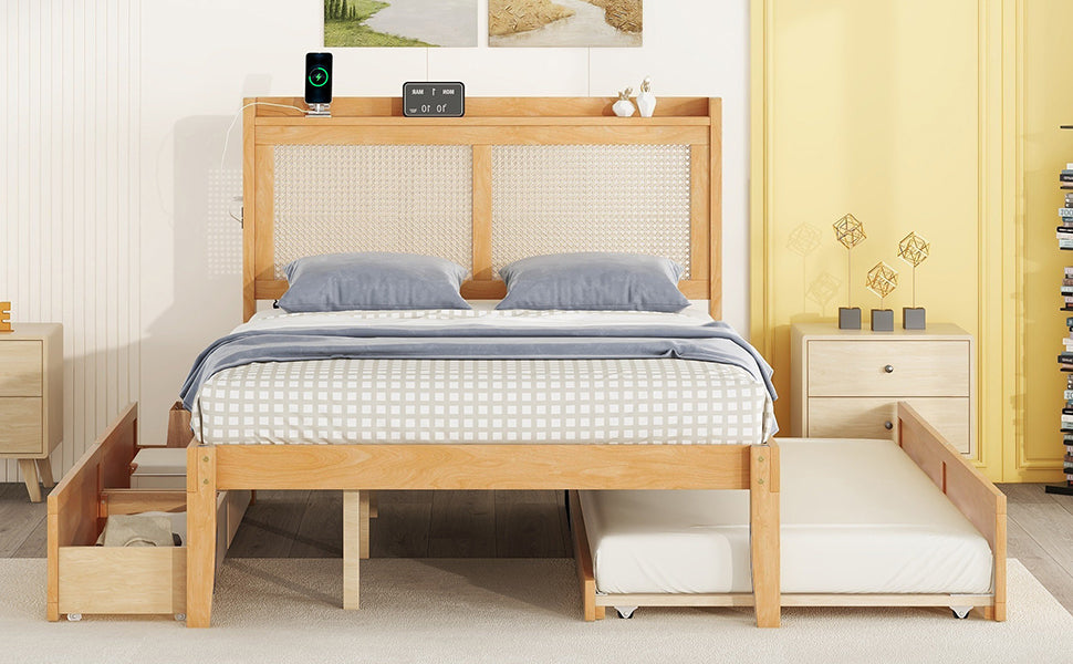 Full Size Elegant Bed Frame With Rattan Headboard And Sockets ,Natural Full Natural Rattan