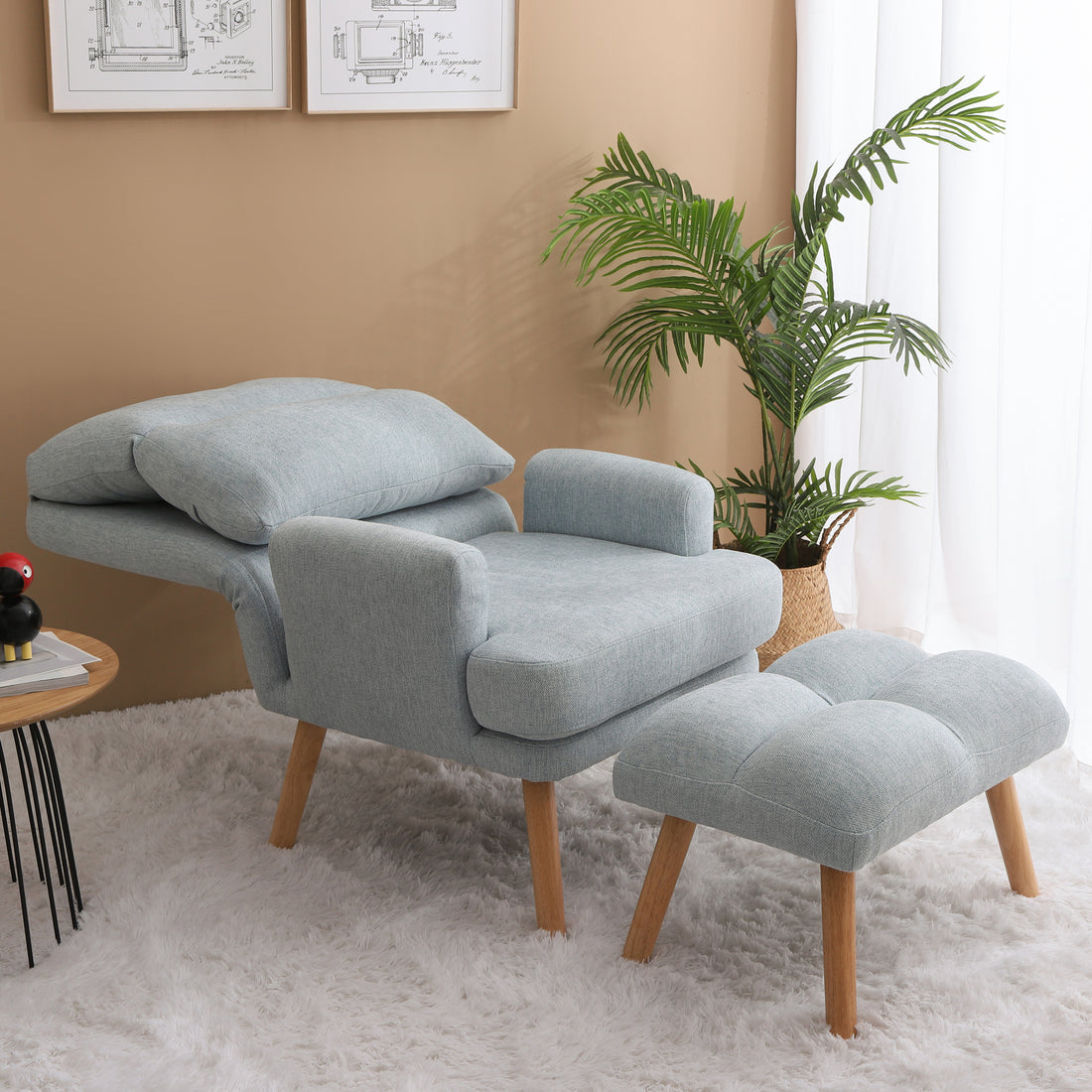 Accent Chair With Ottoman Set, Fabric Armchair With Wood Legs And Adjustable Backrestmid Century Modern Comfy Lounge Chair For Living Room, Bedroom, Reading Room And Study Blue Textile 1 Seat