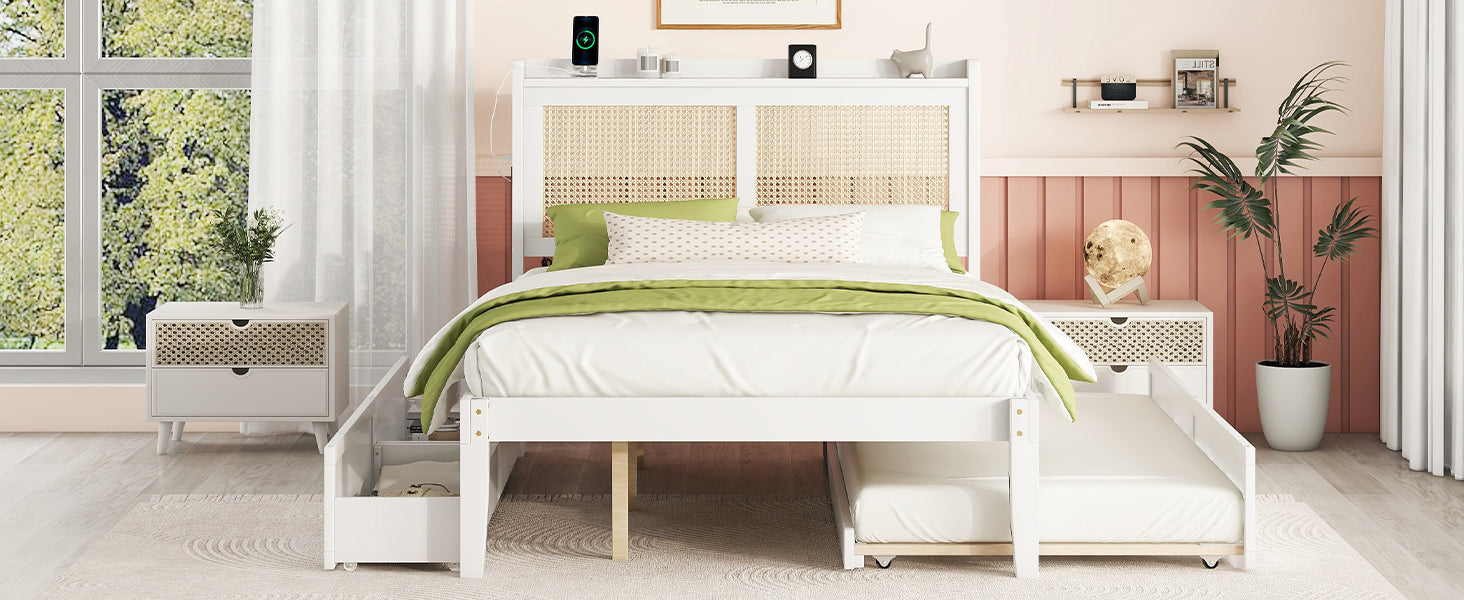 Full Size Elegant Bed Frame With Rattan Headboard And Sockets ,White Full White Rattan