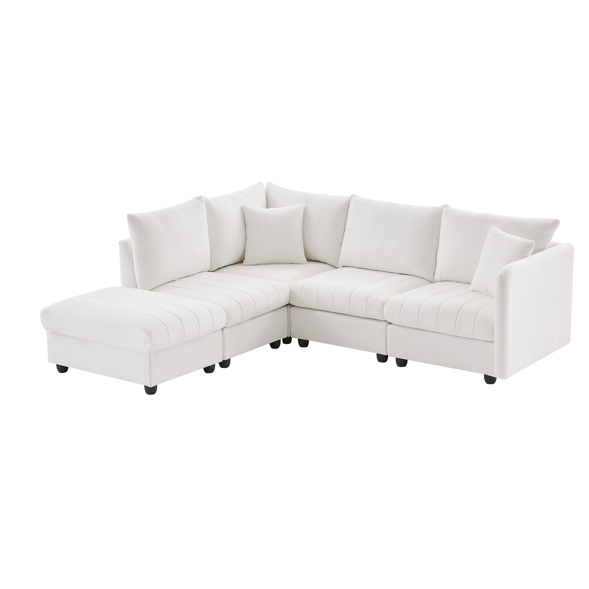 89*79"Modern Sectional Sofa With Vertical Stripes,2 Pillows,5 Seat Couch With Convertible Ottoman,Various Combinations,L Shape Indoor Furniture For Living Room,Apartment, 3 Colors White Fabric 5 Seat