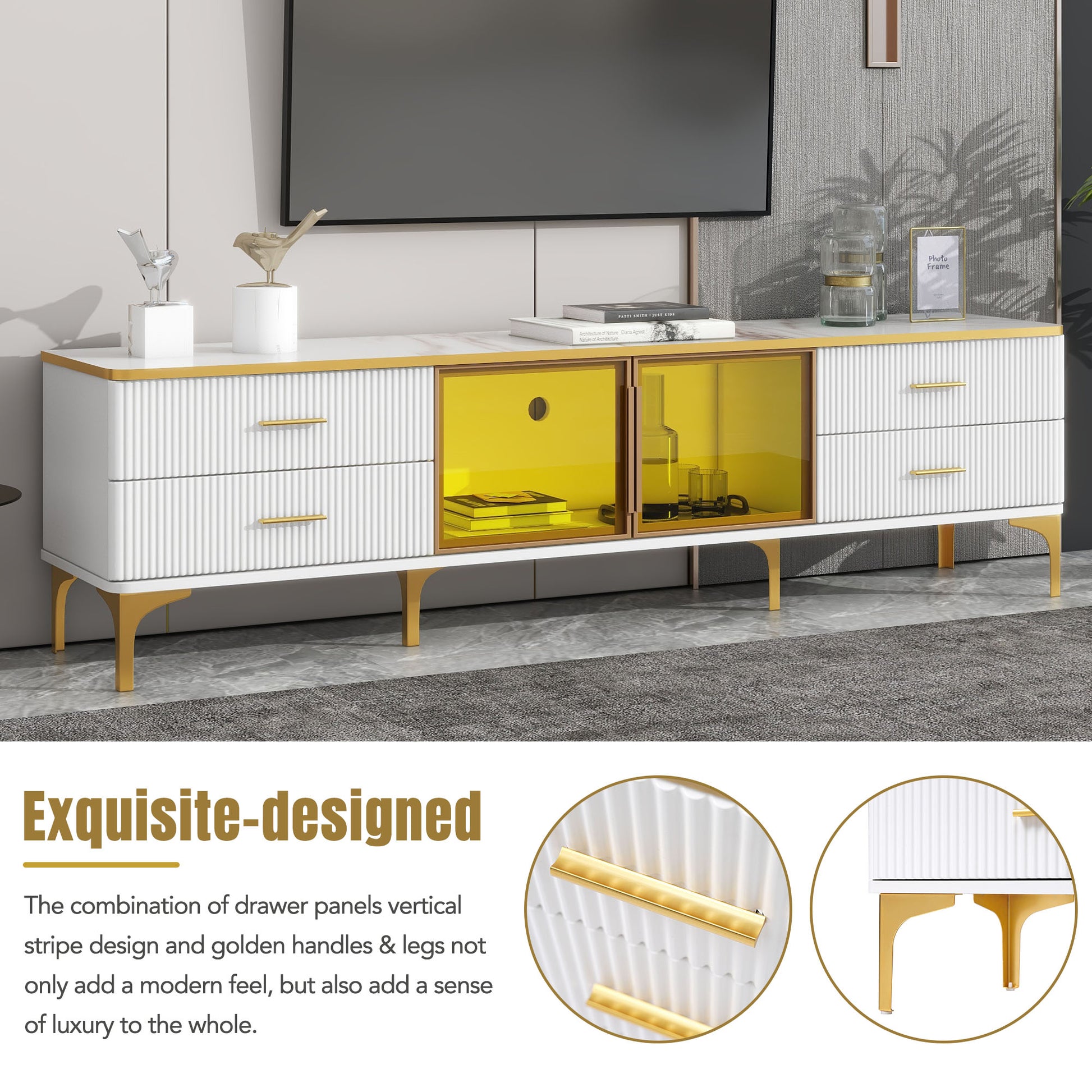 Stylish Led Tv Stand With Marble Veined Table Top For Tvs Up To 78'', Entertainment Center With Brown Glass Storage Cabinet, Golden Legs & Handles For Living Room, White Gold White Primary Living Space 70 79 Inches 70 79 Inches Particle Board