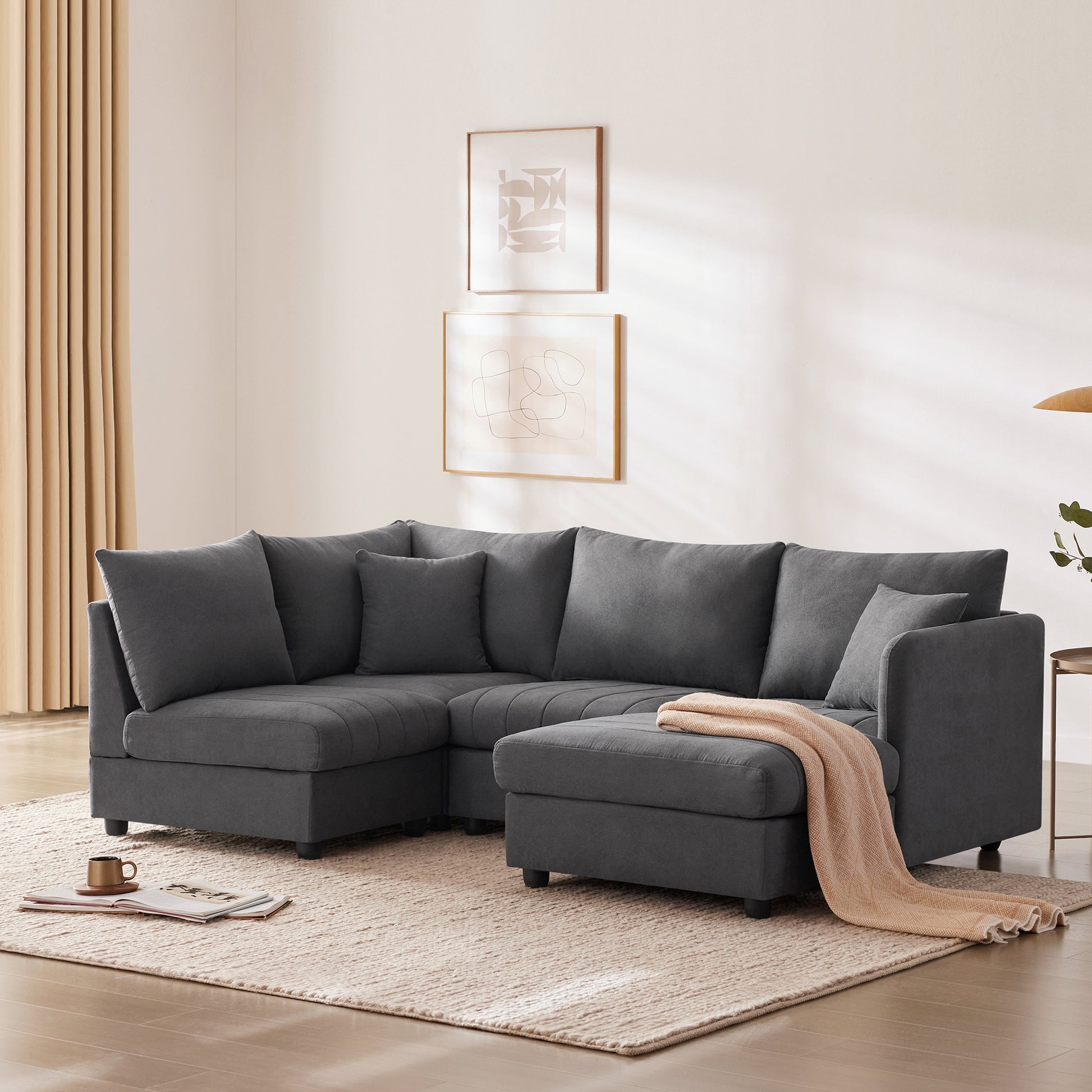 89*79"Modern Sectional Sofa With Vertical Stripes,2 Pillows,5 Seat Couch With Convertible Ottoman,Various Combinations,L Shape Indoor Furniture For Living Room,Apartment, 3 Colors Dark Gray Fabric 5