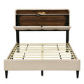 Full Size Upholstered Platform Bed With Storage Headboard, Sensor Light And A Set Of Sockets And Usb Ports, Linen Fabric, Beige Beige Linen