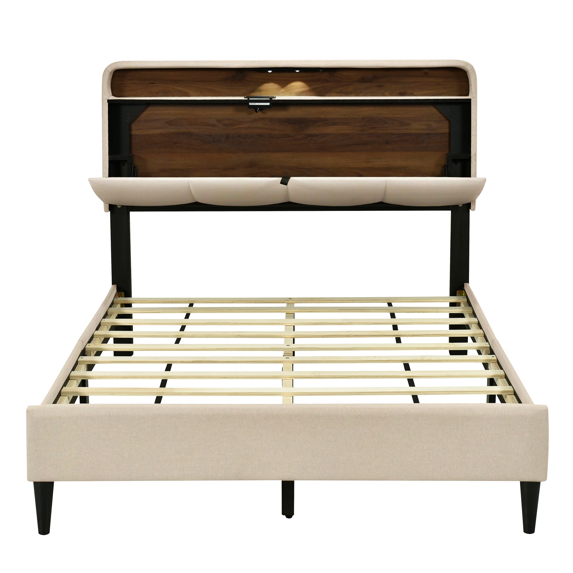 Full Size Upholstered Platform Bed With Storage Headboard, Sensor Light And A Set Of Sockets And Usb Ports, Linen Fabric, Beige Beige Linen