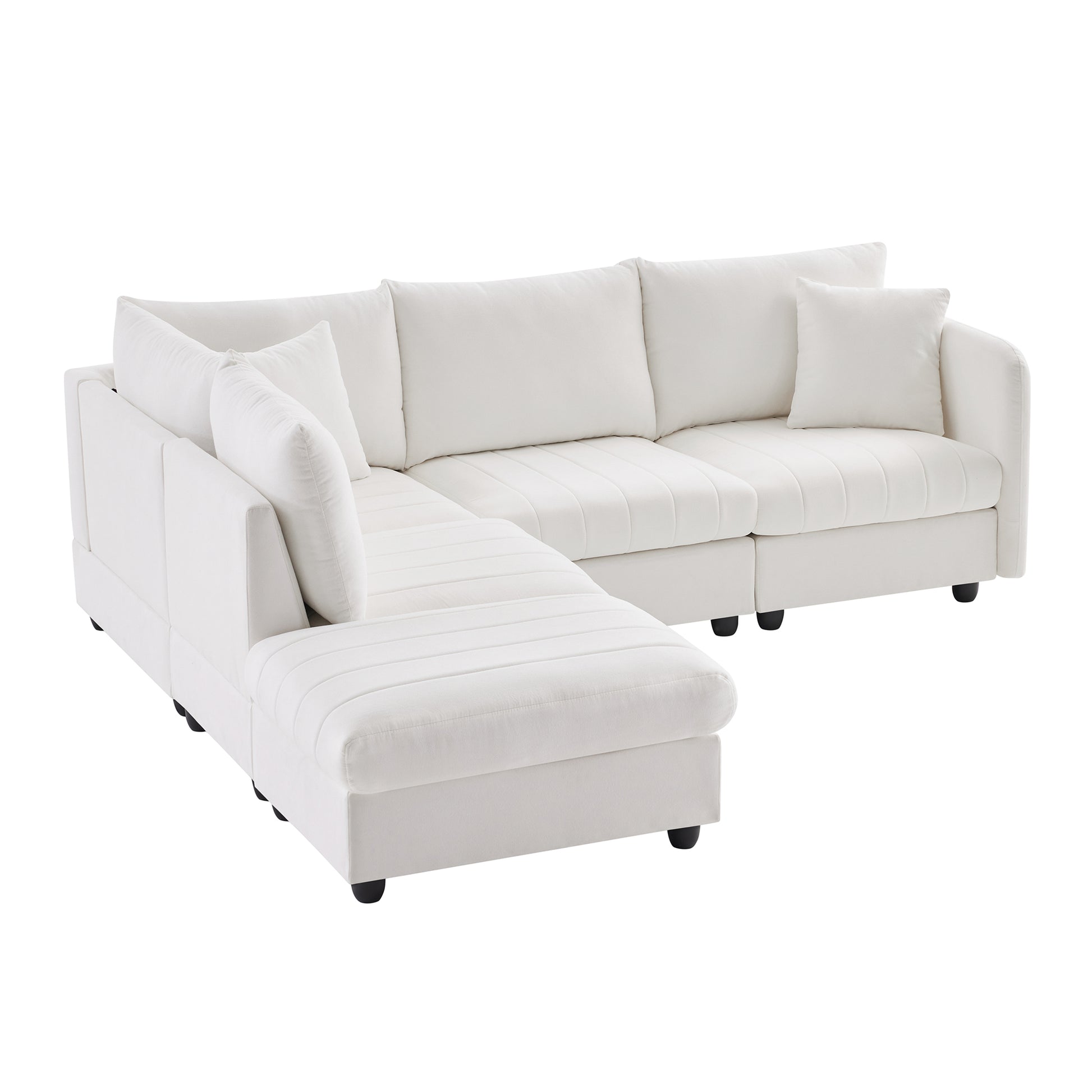 89*79"Modern Sectional Sofa With Vertical Stripes,2 Pillows,5 Seat Couch With Convertible Ottoman,Various Combinations,L Shape Indoor Furniture For Living Room,Apartment, 3 Colors White Fabric 5 Seat