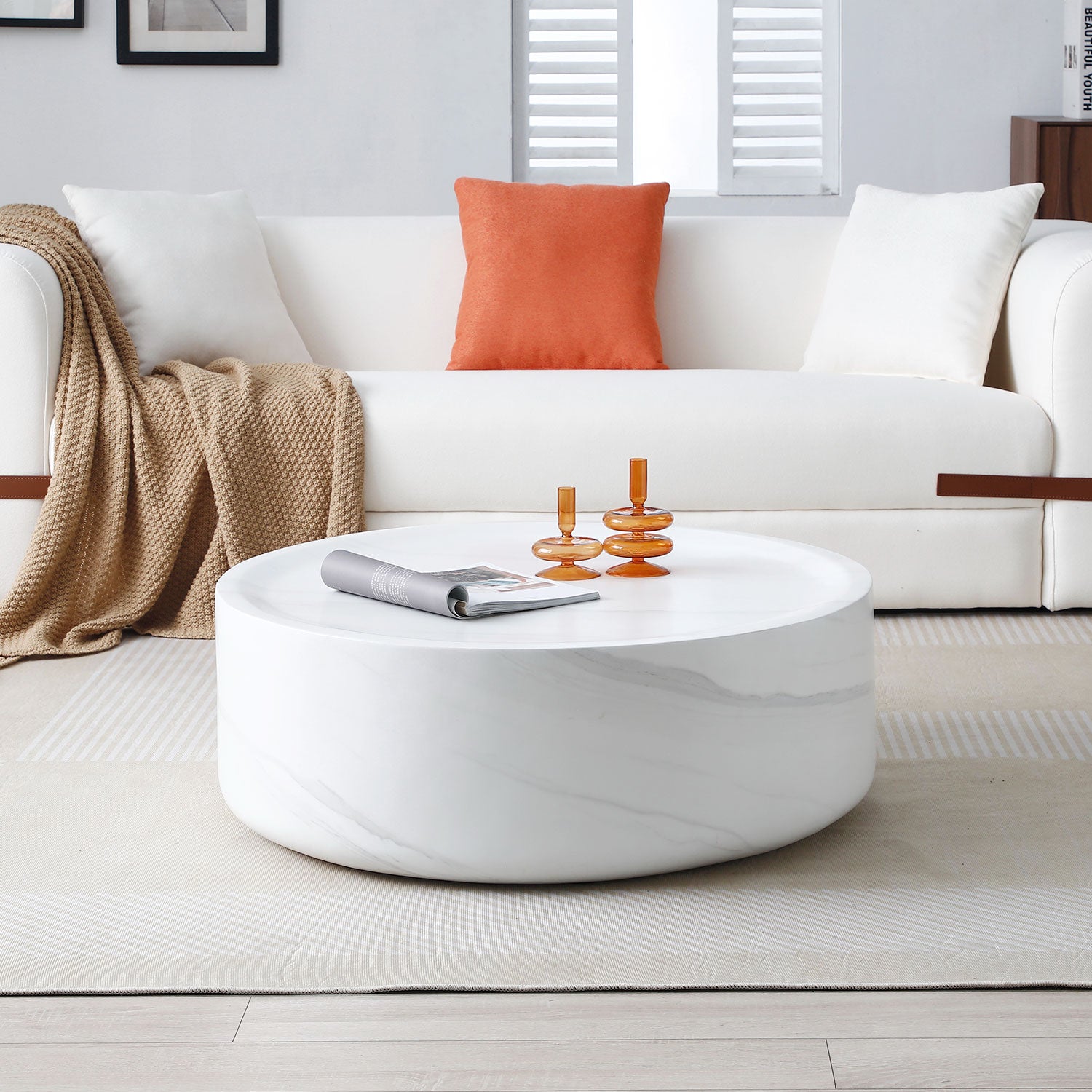 35.43'' Round Coffeee Table ,Marble Table ,Simple Modern Center Cocktail Table ,Sturdy Fiberglass Table For Living Room, No Need Assembly,White White Fiberglass