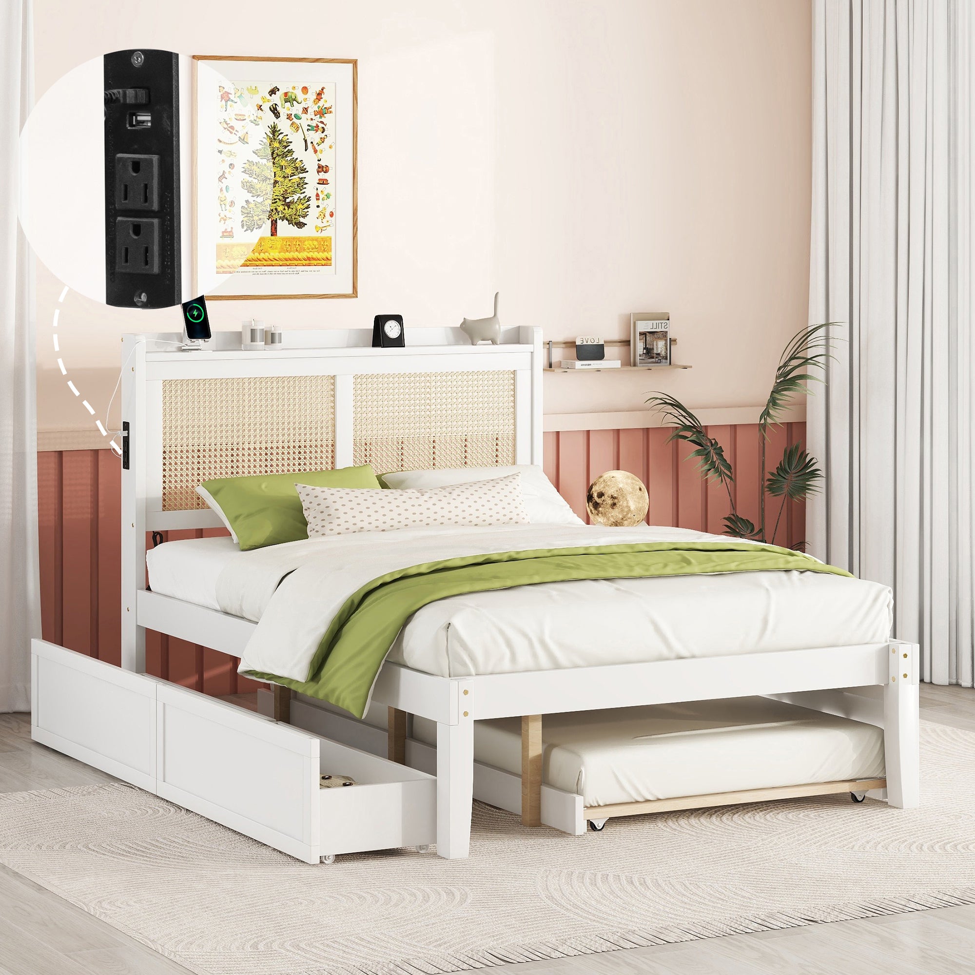 Full Size Elegant Bed Frame With Rattan Headboard And Sockets ,White Full White Rattan