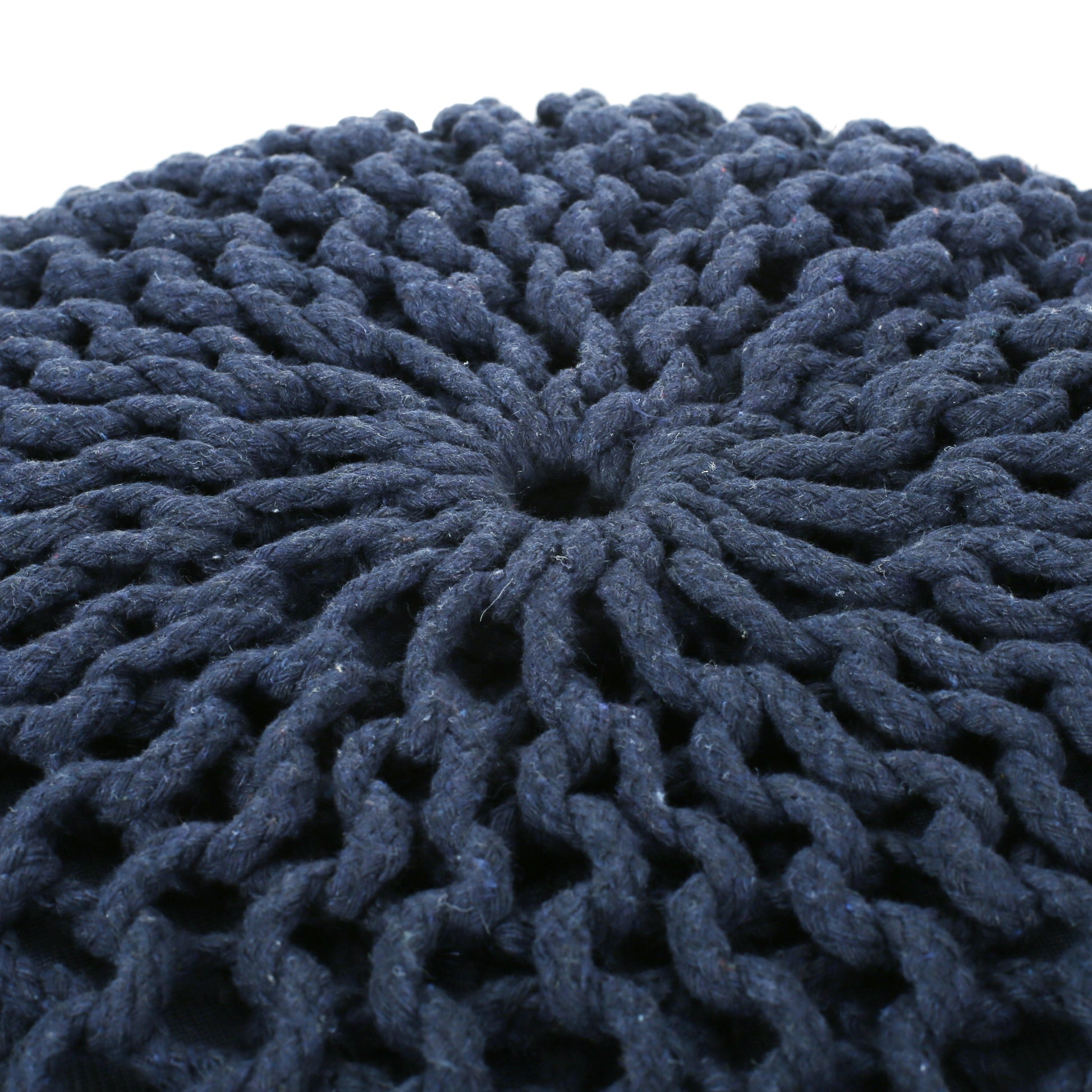 Bordeaux Knitted Cotton Round Pouf, Navy Blue Navy Blue Cotton