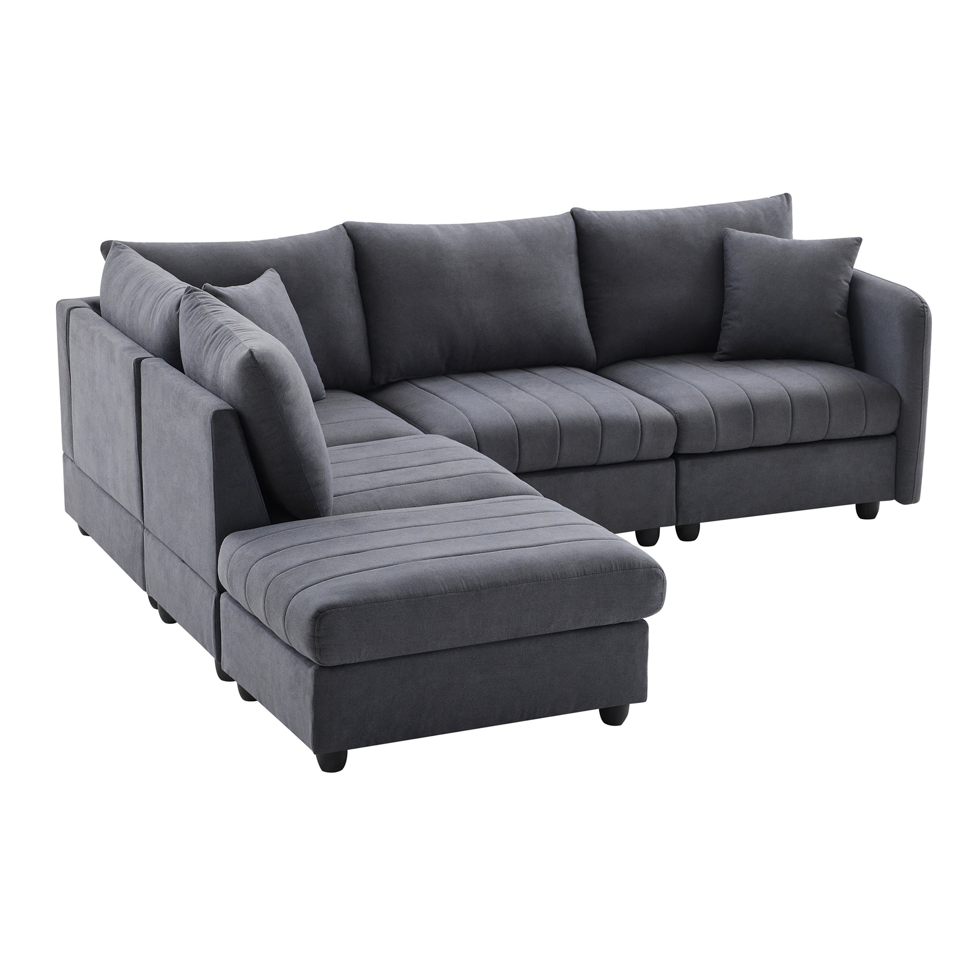 89*79"Modern Sectional Sofa With Vertical Stripes,2 Pillows,5 Seat Couch With Convertible Ottoman,Various Combinations,L Shape Indoor Furniture For Living Room,Apartment, 3 Colors Dark Gray Fabric 5