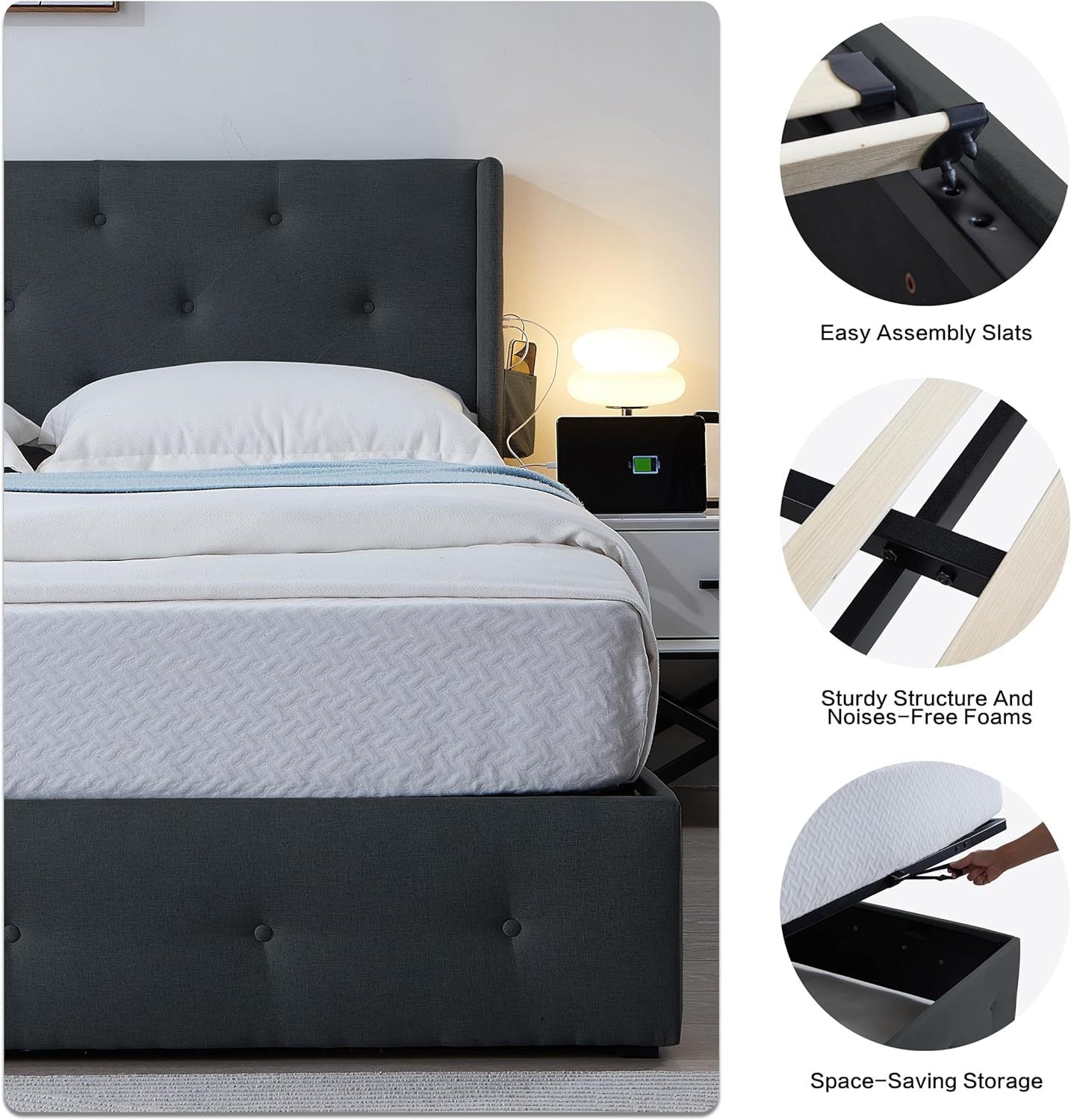 Queen Size Bed Frame With Storage Lift Up Storage Bed With Modern Wingback Headboard, Usb Ports Box Spring Not Required Queen Dark Gray Metal Bedroom Contemporary Bed Frame Foam Linen Upholstered