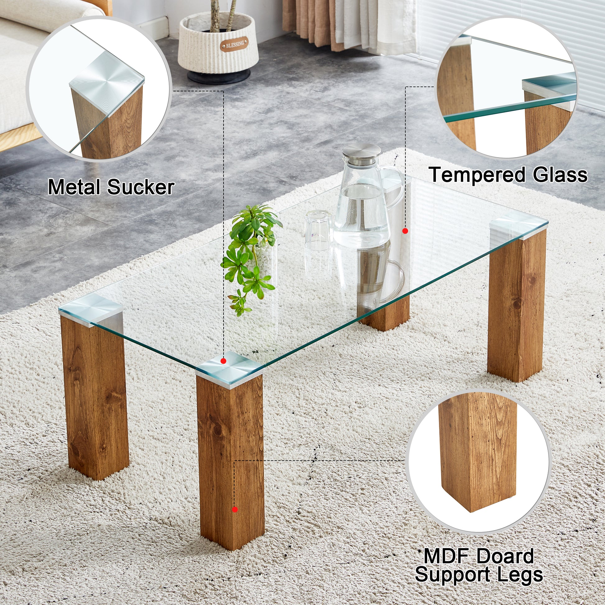 Glass Top Coffee Table,Tea Table, With Mdf Legs Stylish Blend Of Elegance And Durability 44.9"*21.7"*16.9" Transparent Glass