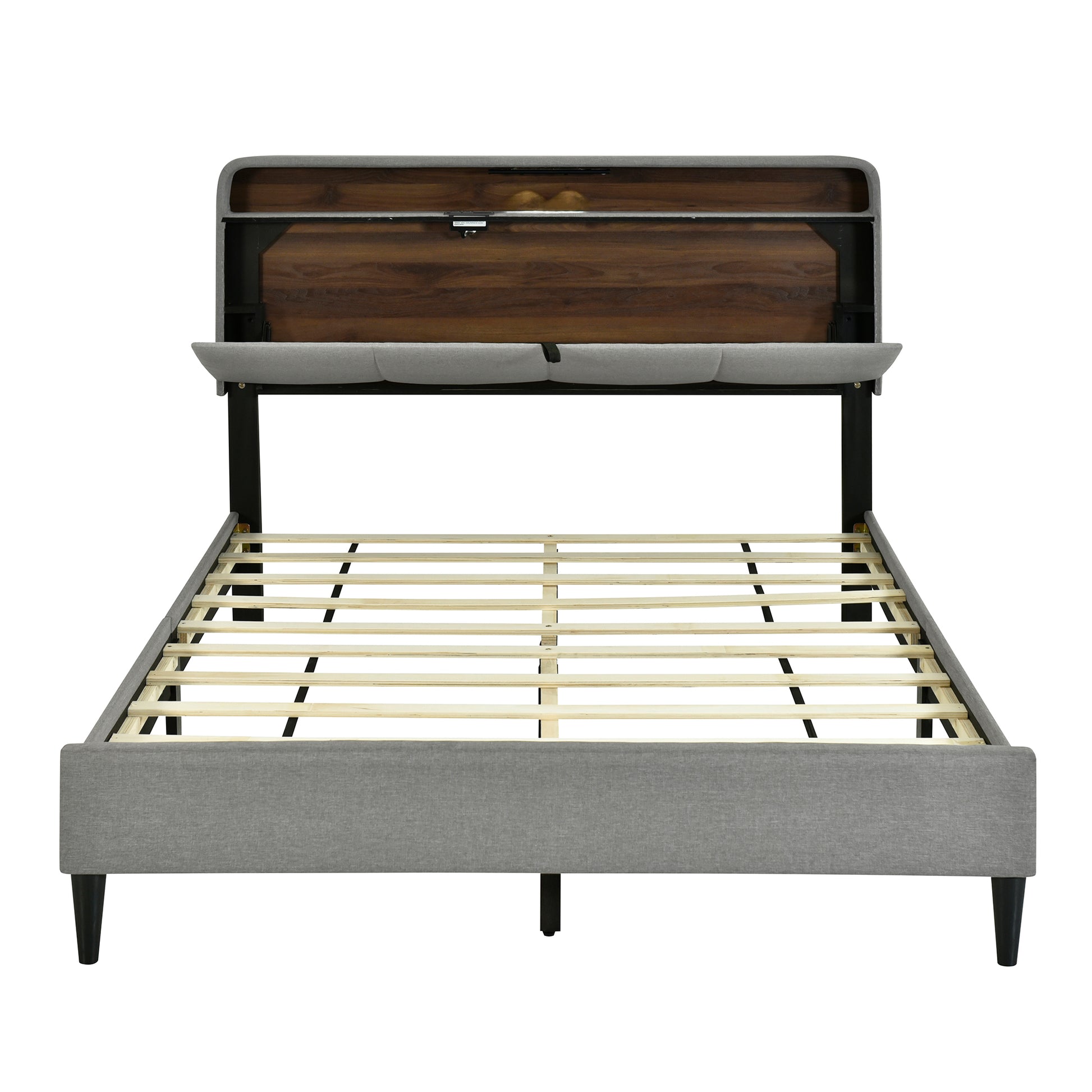 Queen Size Upholstered Platform Bed With Storage Headboard, Sensor Light And A Set Of Sockets And Usb Ports, Linen Fabric, Gray Gray Linen