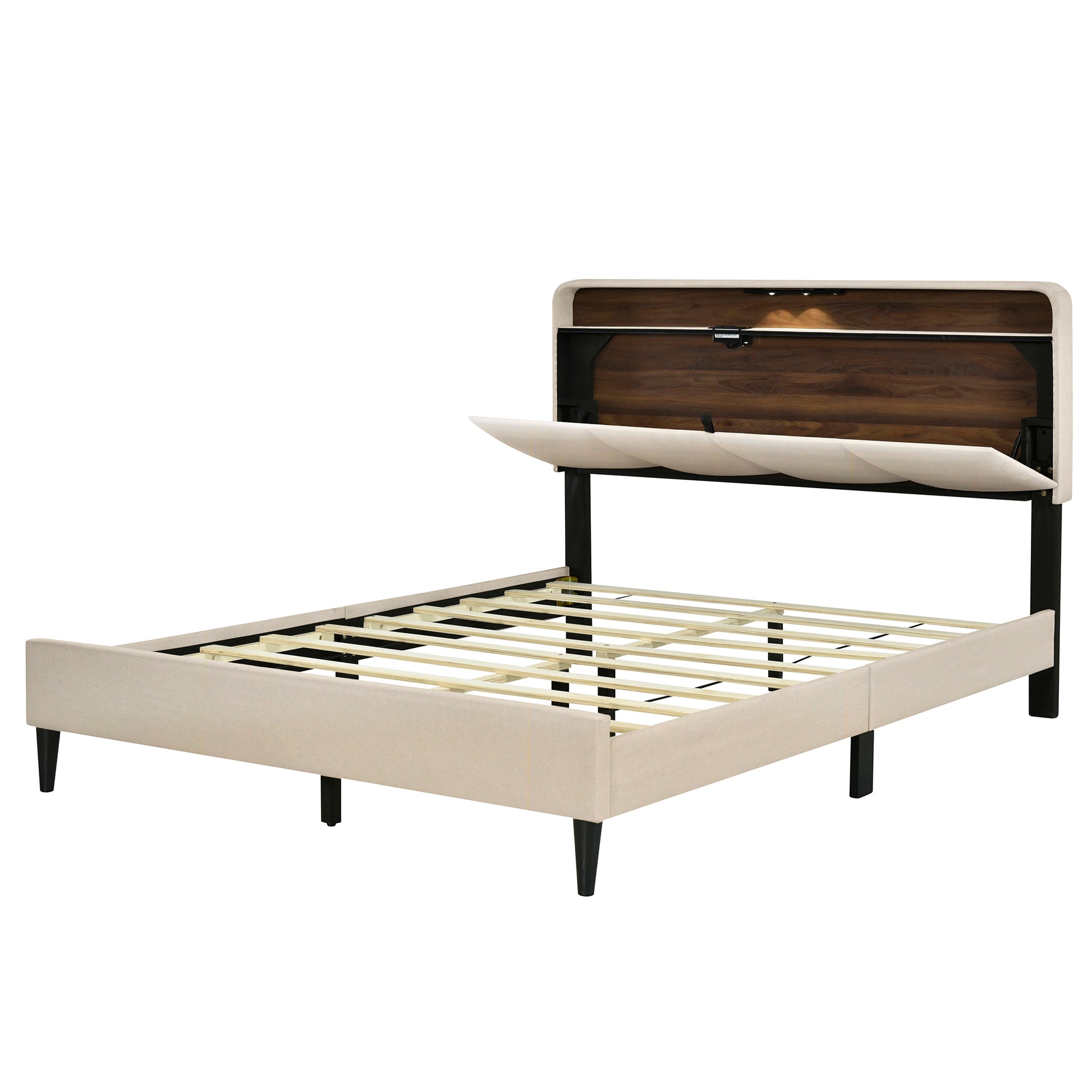 Queen Size Upholstered Platform Bed With Storage Headboard, Sensor Light And A Set Of Sockets And Usb Ports, Linen Fabric, Beige Beige Linen