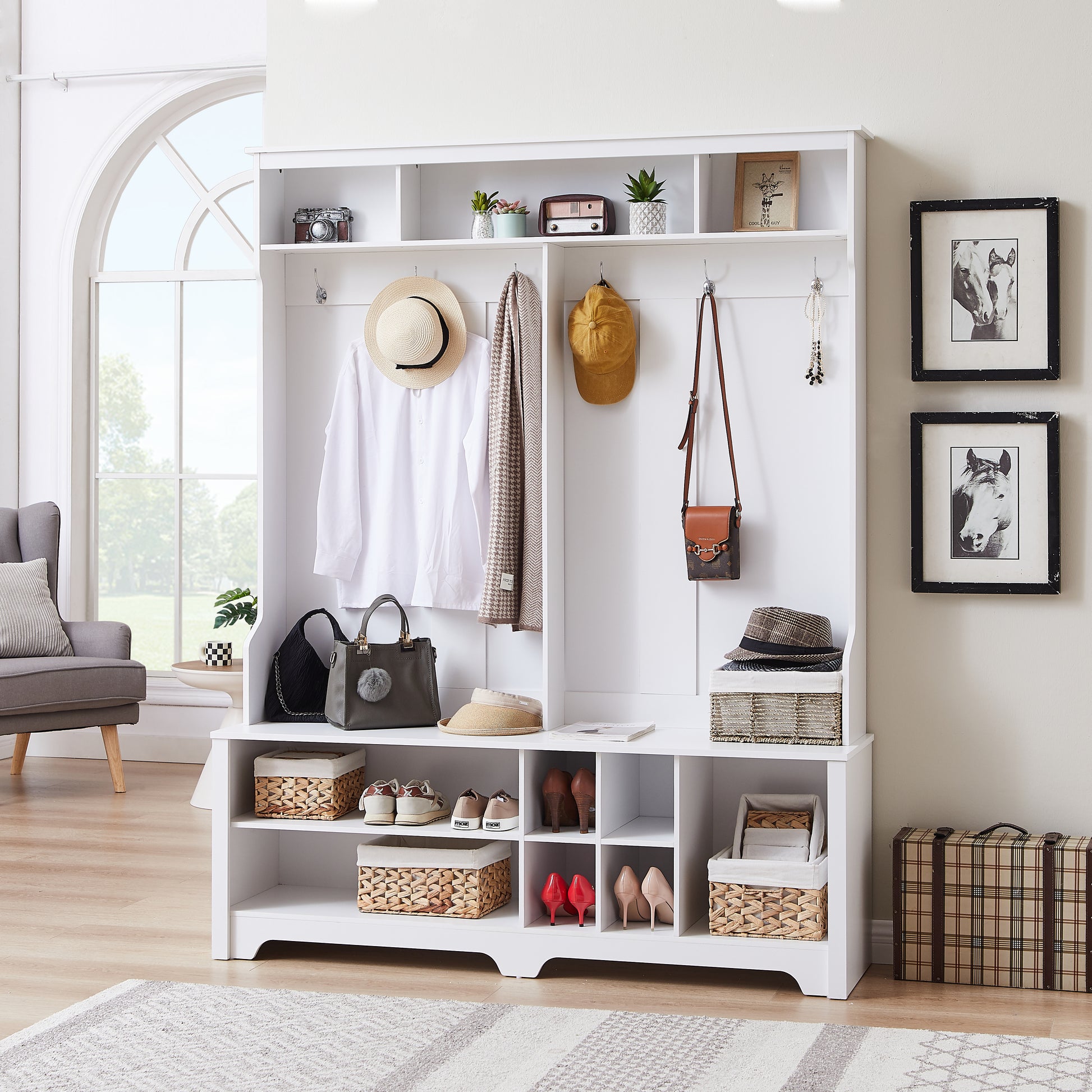 Hall Tree Entryway Bench With Coat Rack, With Shoe Cubbies For Bedroom, White, 59.8'' W X 15.8'' D X 76.8''H. White Particle Board