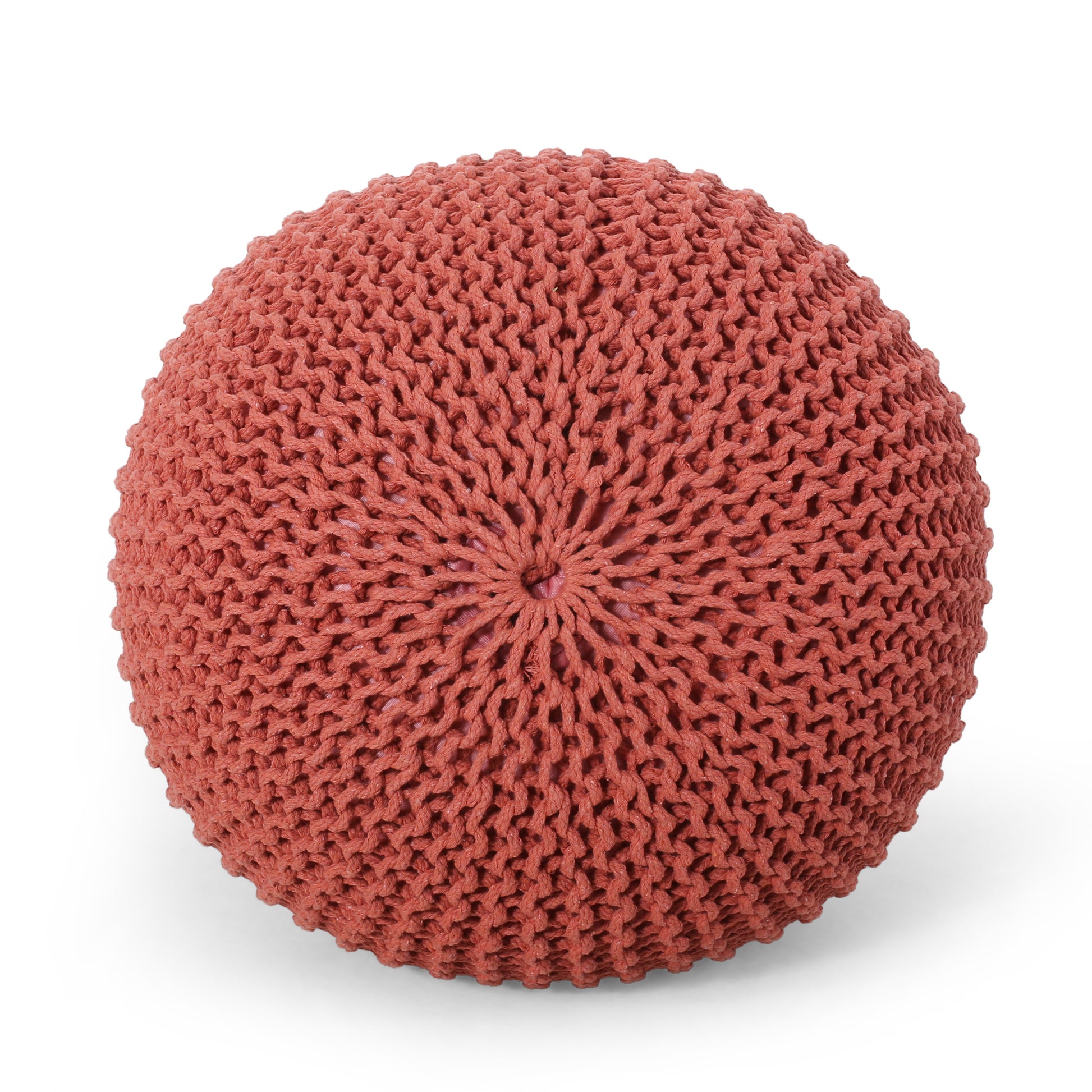 Bordeaux Knitted Cotton Round Pouf, Coral Coral Cotton