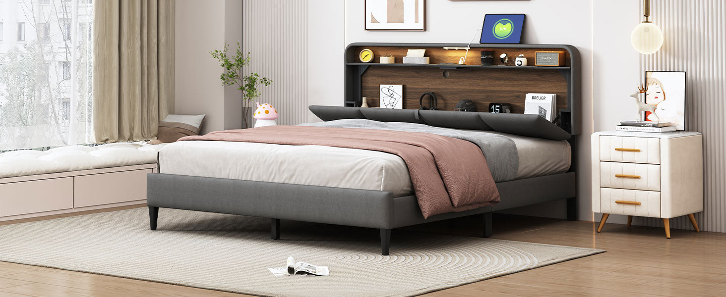 Queen Size Upholstered Platform Bed With Storage Headboard, Sensor Light And A Set Of Sockets And Usb Ports, Linen Fabric, Gray Gray Linen