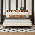 Queen Size Upholstered Platform Bed With Storage Headboard, Sensor Light And A Set Of Sockets And Usb Ports, Linen Fabric, Beige Beige Linen