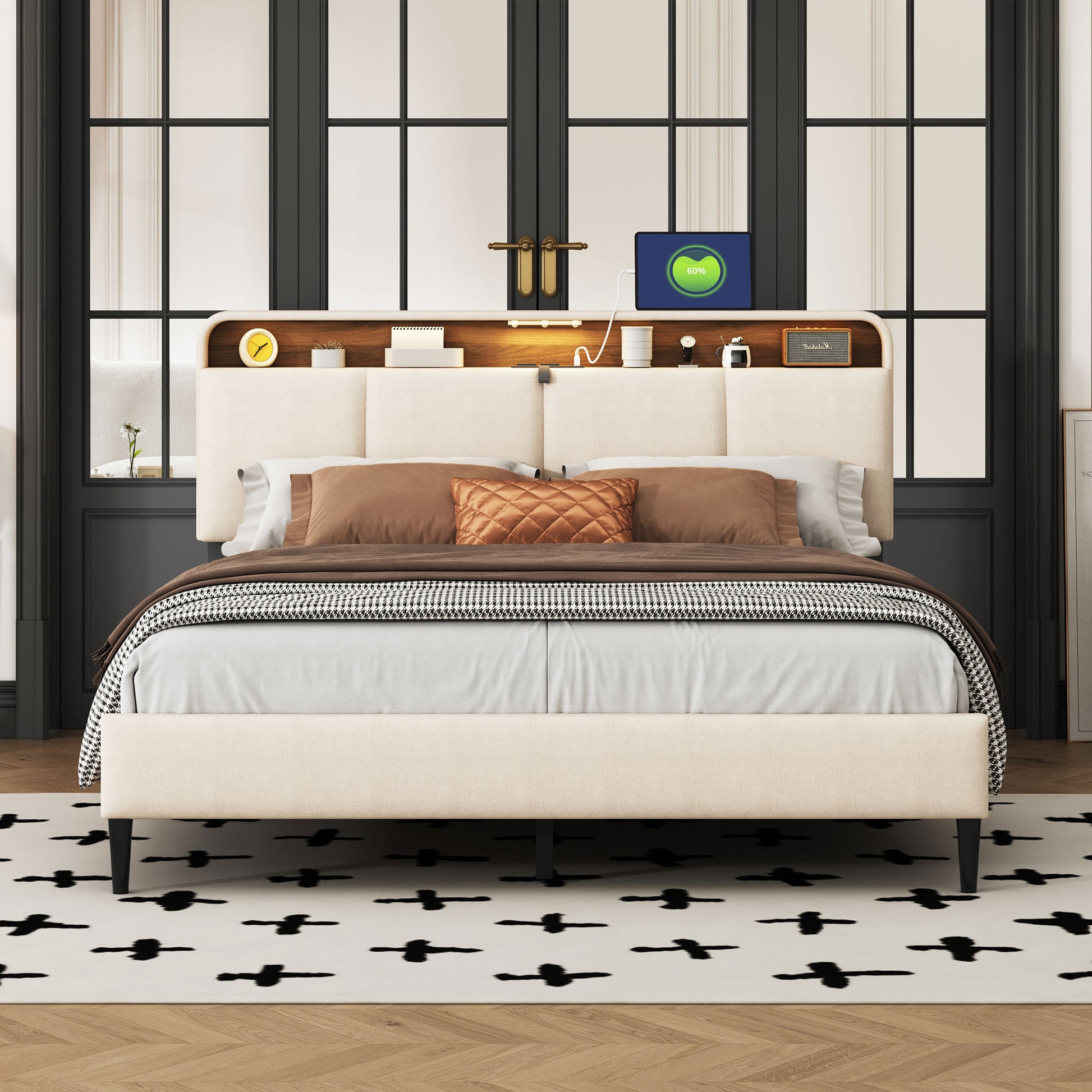 Queen Size Upholstered Platform Bed With Storage Headboard, Sensor Light And A Set Of Sockets And Usb Ports, Linen Fabric, Beige Beige Linen