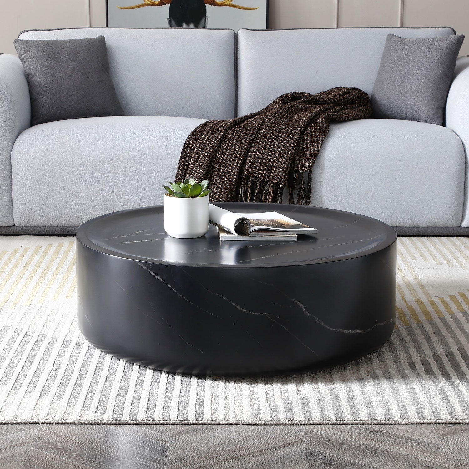 31.49'' Round Coffee Table,Sturdy Fiberglass Table For Living Room, No Need Assembly,Black Black Fiberglass