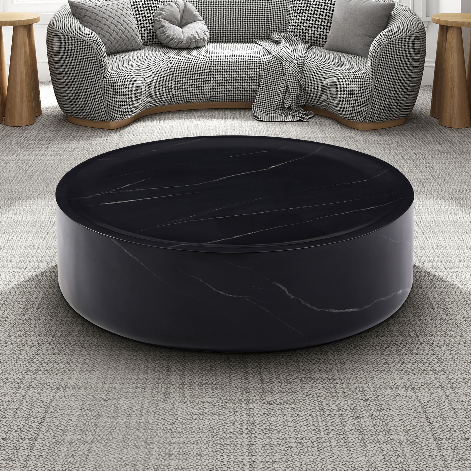 31.49'' Round Coffee Table,Sturdy Fiberglass Table For Living Room, No Need Assembly,Black Black Fiberglass