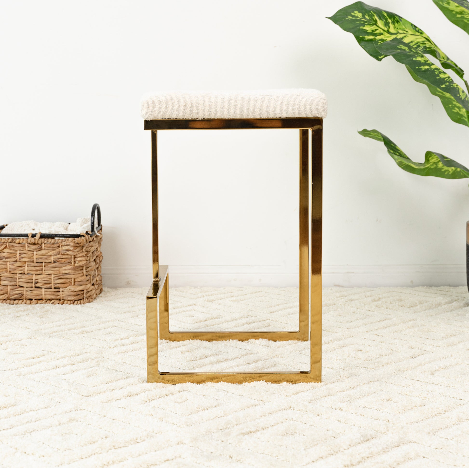 Joel Mid Century Modern Luxury Upholstered Stool Beige Fabric