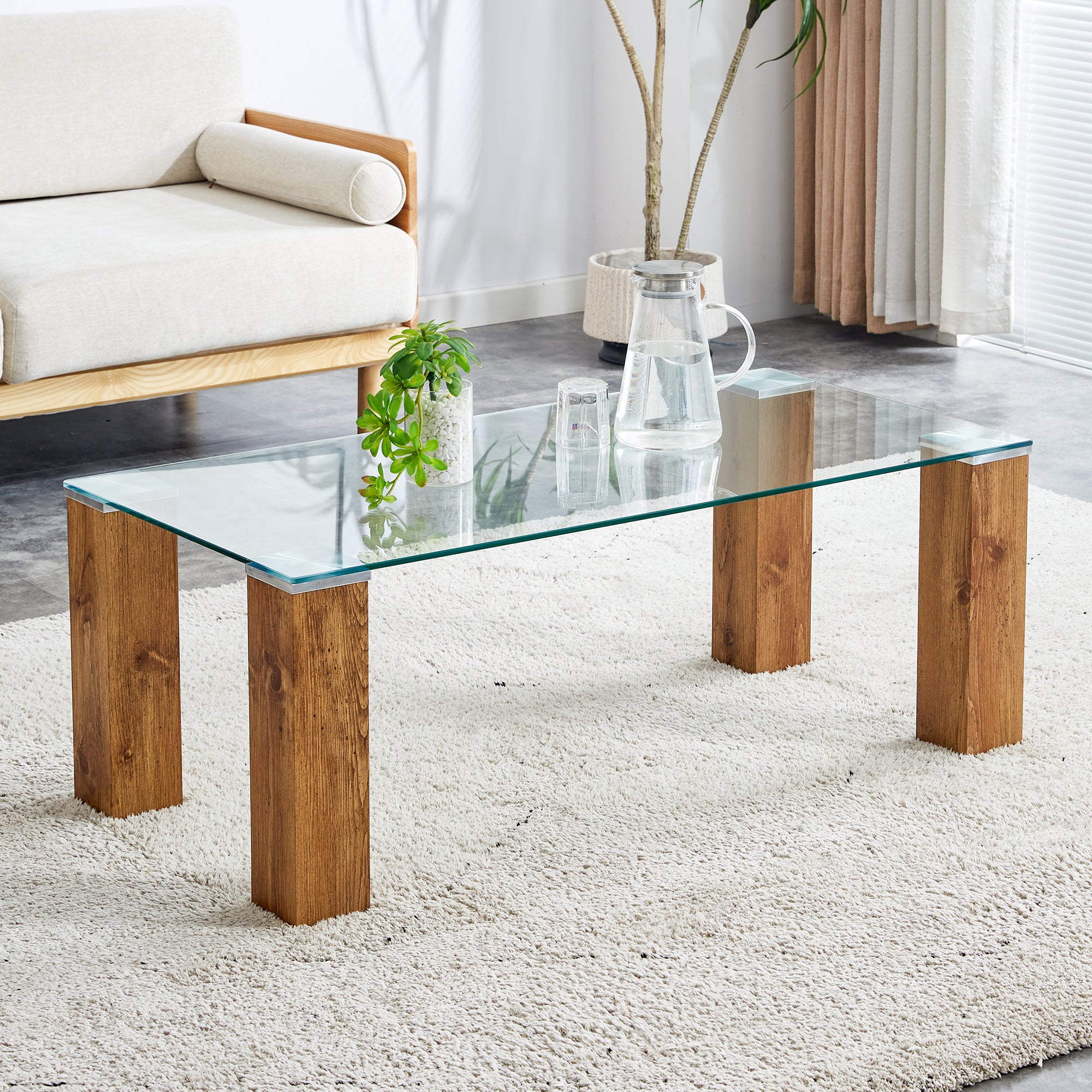 Glass Top Coffee Table,Tea Table, With Mdf Legs Stylish Blend Of Elegance And Durability 44.9"*21.7"*16.9" Transparent Glass