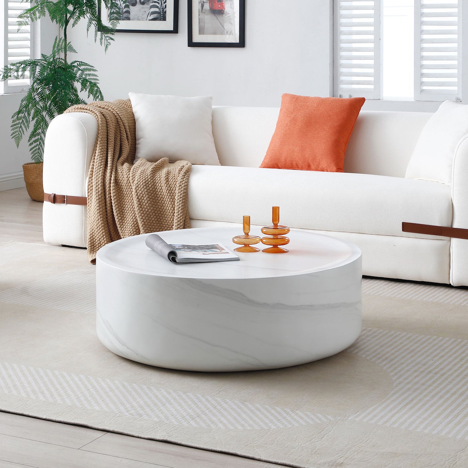 35.43'' Round Coffeee Table ,Marble Table ,Simple Modern Center Cocktail Table ,Sturdy Fiberglass Table For Living Room, No Need Assembly,White White Fiberglass