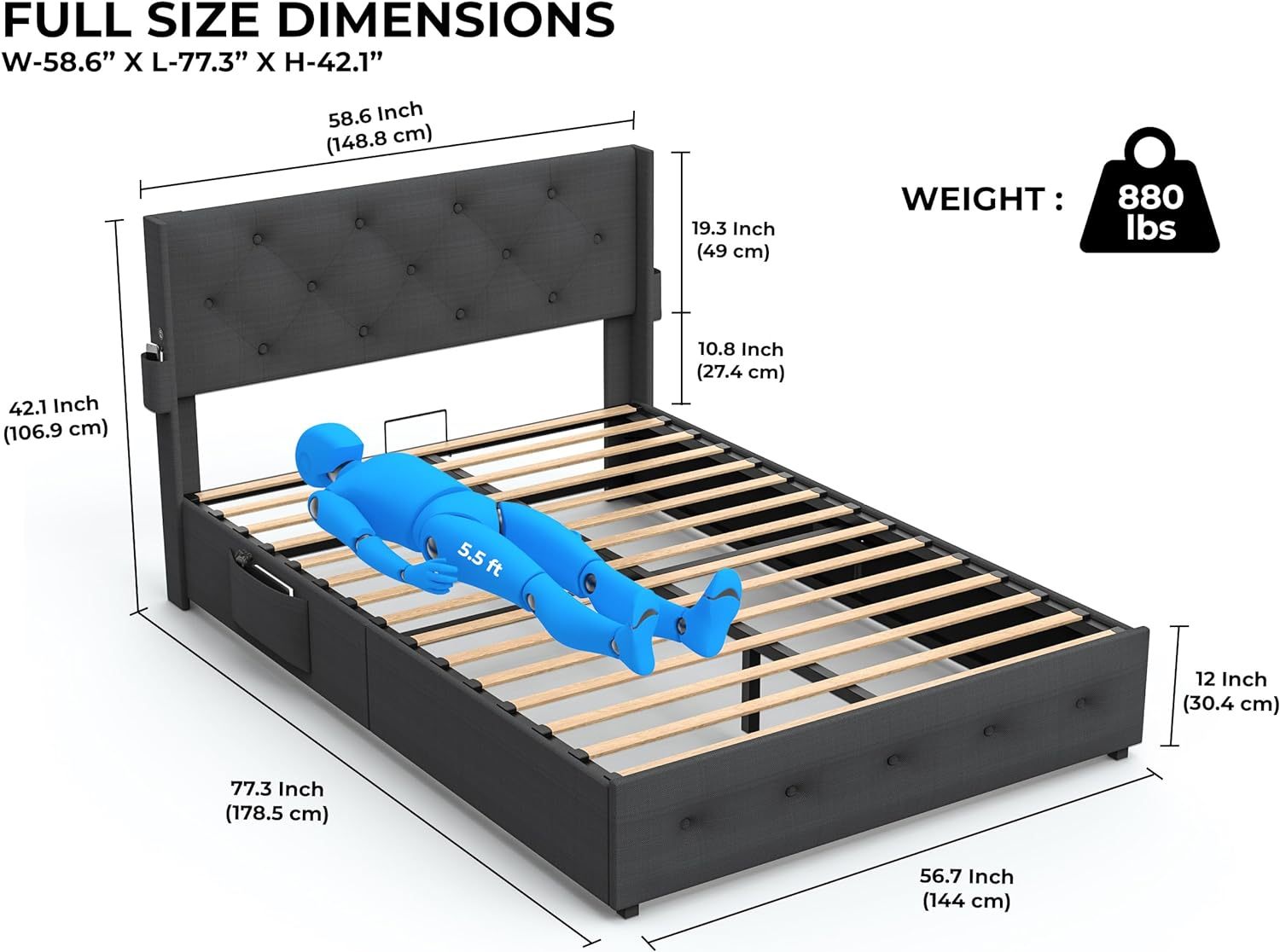 Full Size Bed Frame With Gas Lift Storage Bed With Modern Wingback Headboard, Usb Ports Box Spring Not Required Full Dark Gray Metal Bedroom Contemporary Bed Frame Foam Linen Upholstered