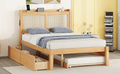 Full Size Elegant Bed Frame With Rattan Headboard And Sockets ,Natural Full Natural Rattan