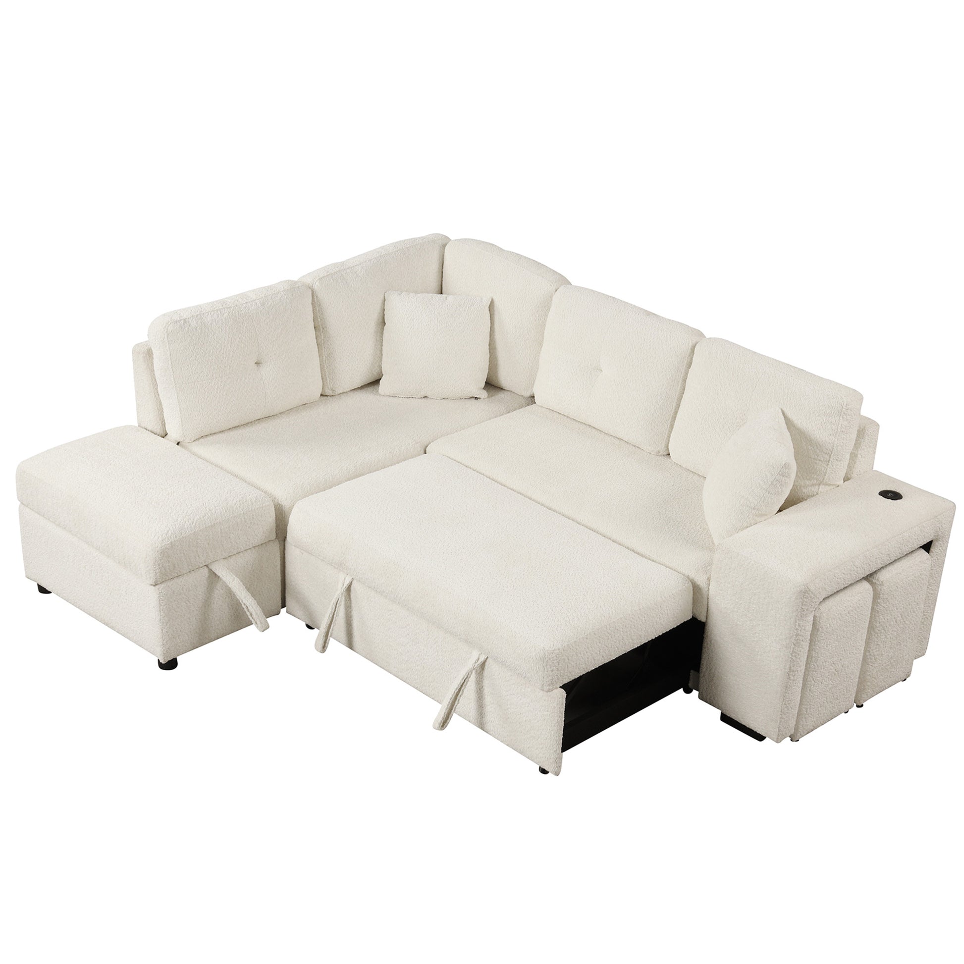 87.7" Convertible Sleeper, Sectional Pull Out Sofa Bed With Storage Ottoman, 2 Throw Pillows, 2 Stools, Wireless Charger And Two Hidden Usb Ports For Living Room, Cream Cream Chenille 4 Seat