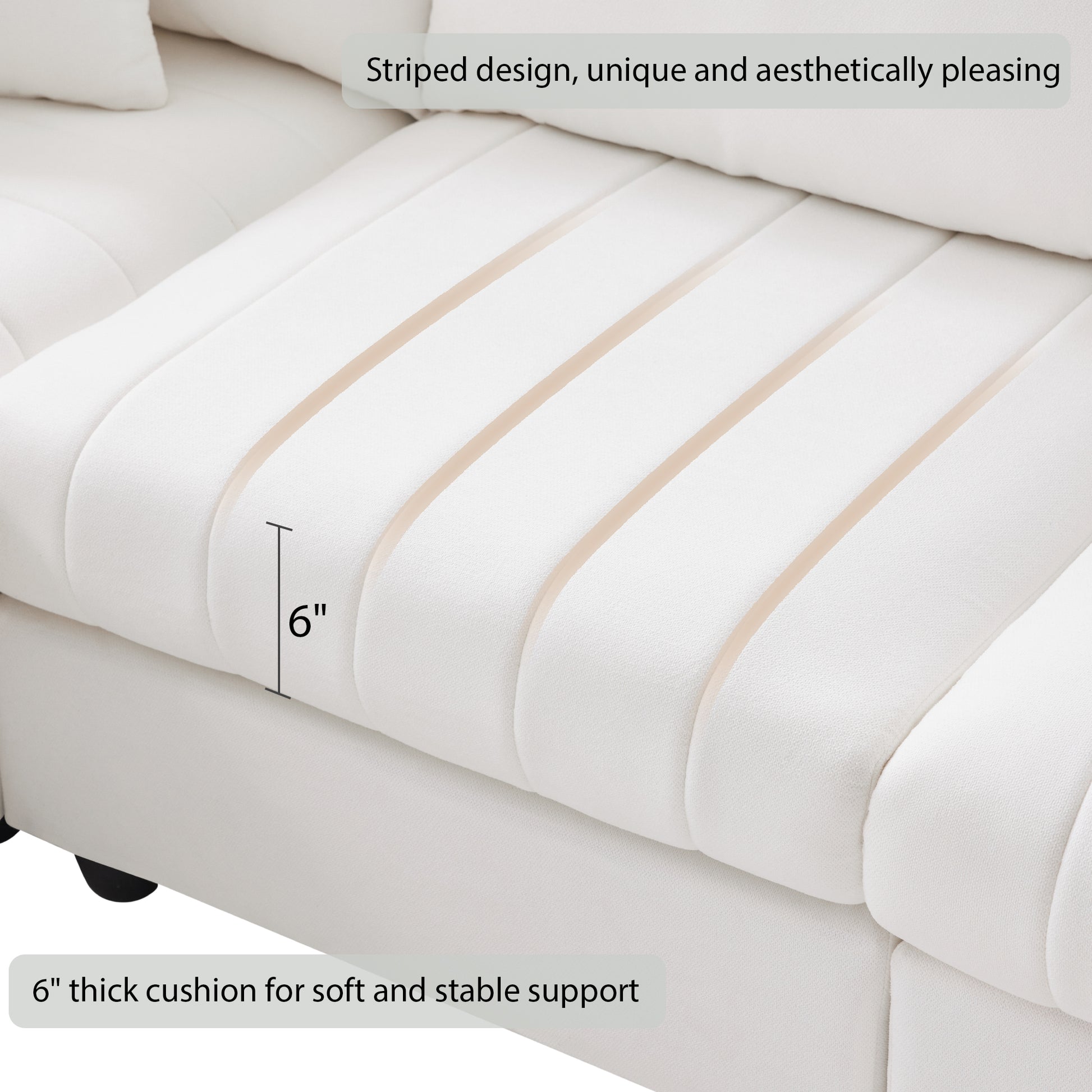 89*79"Modern Sectional Sofa With Vertical Stripes,2 Pillows,5 Seat Couch With Convertible Ottoman,Various Combinations,L Shape Indoor Furniture For Living Room,Apartment, 3 Colors White Fabric 5 Seat