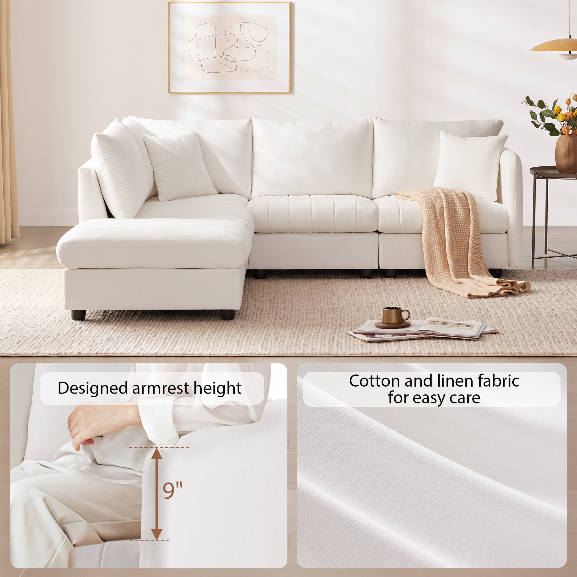 89*79"Modern Sectional Sofa With Vertical Stripes,2 Pillows,5 Seat Couch With Convertible Ottoman,Various Combinations,L Shape Indoor Furniture For Living Room,Apartment, 3 Colors White Fabric 5 Seat