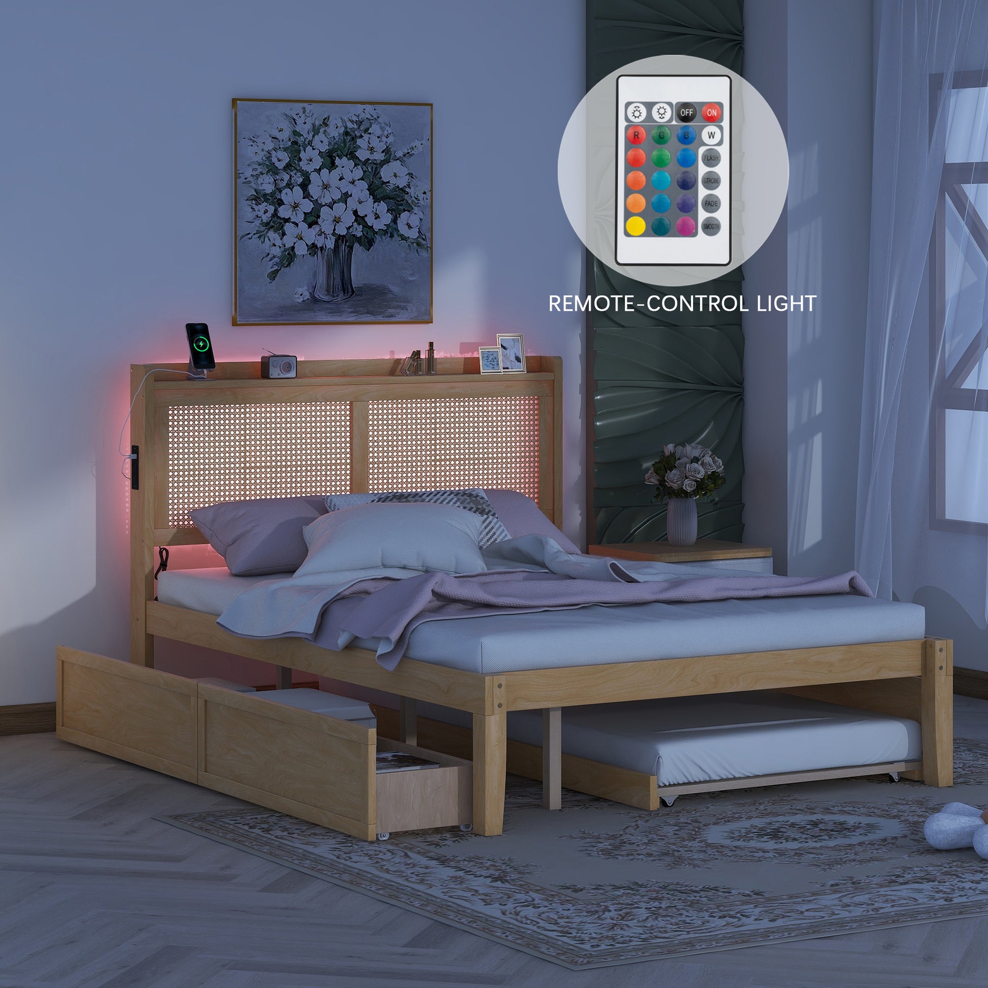 Queen Size Elegant Bed Frame With Rattan Headboard And Sockets ,Natural Twin Natural Rattan