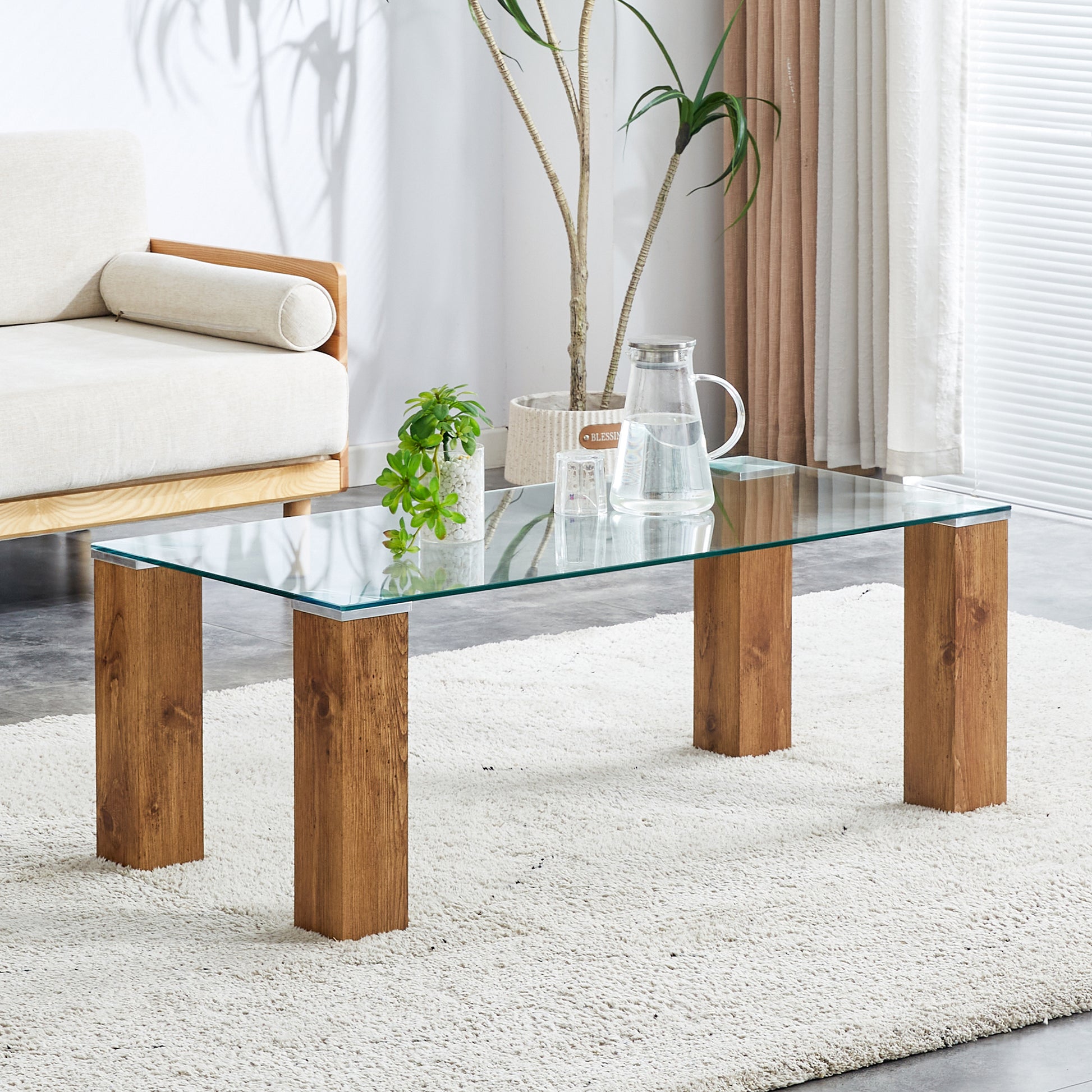 Glass Top Coffee Table,Tea Table, With Mdf Legs Stylish Blend Of Elegance And Durability 44.9"*21.7"*16.9" Transparent Glass